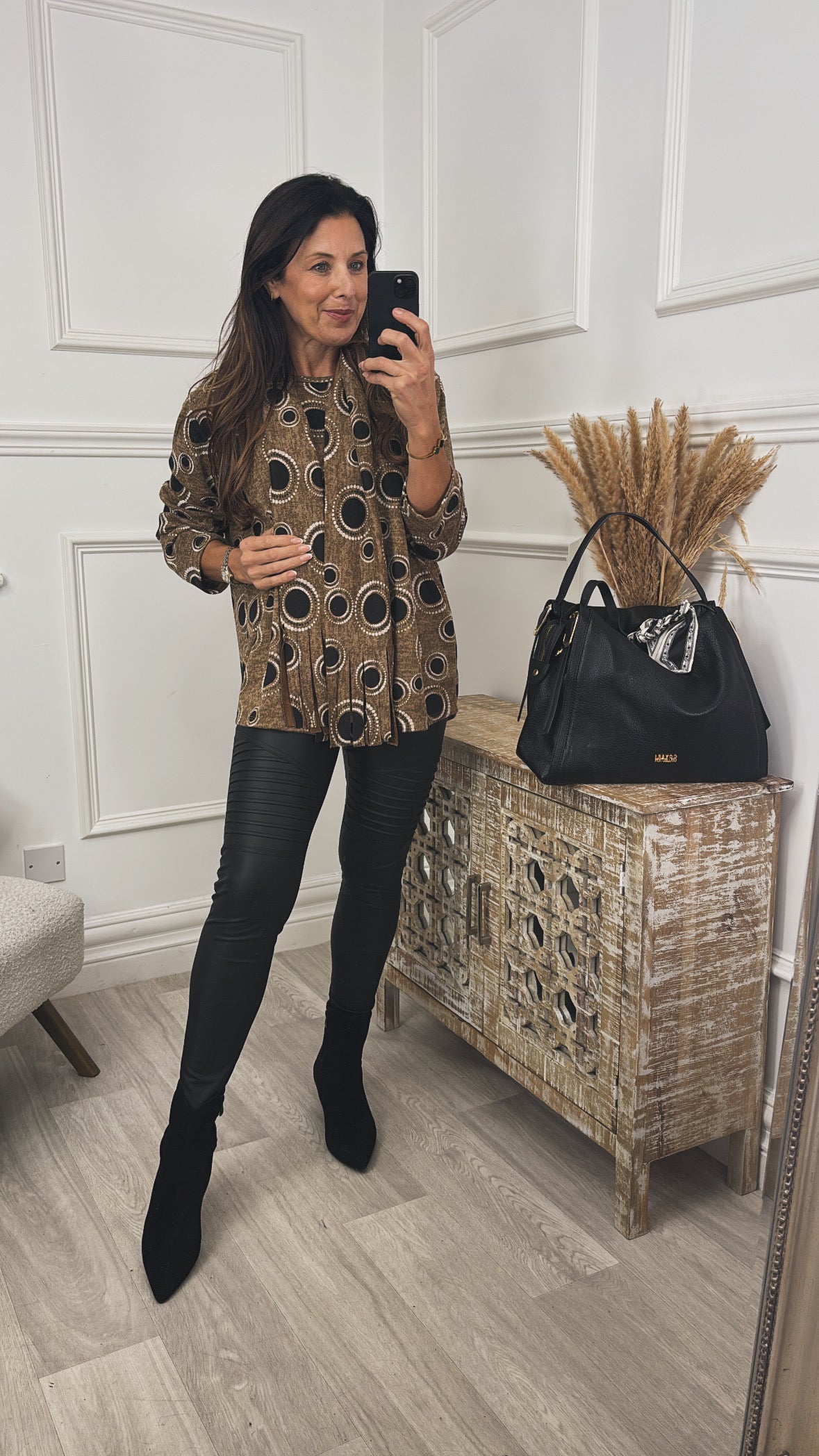 Jane Camel Circle Print Top with Scarf