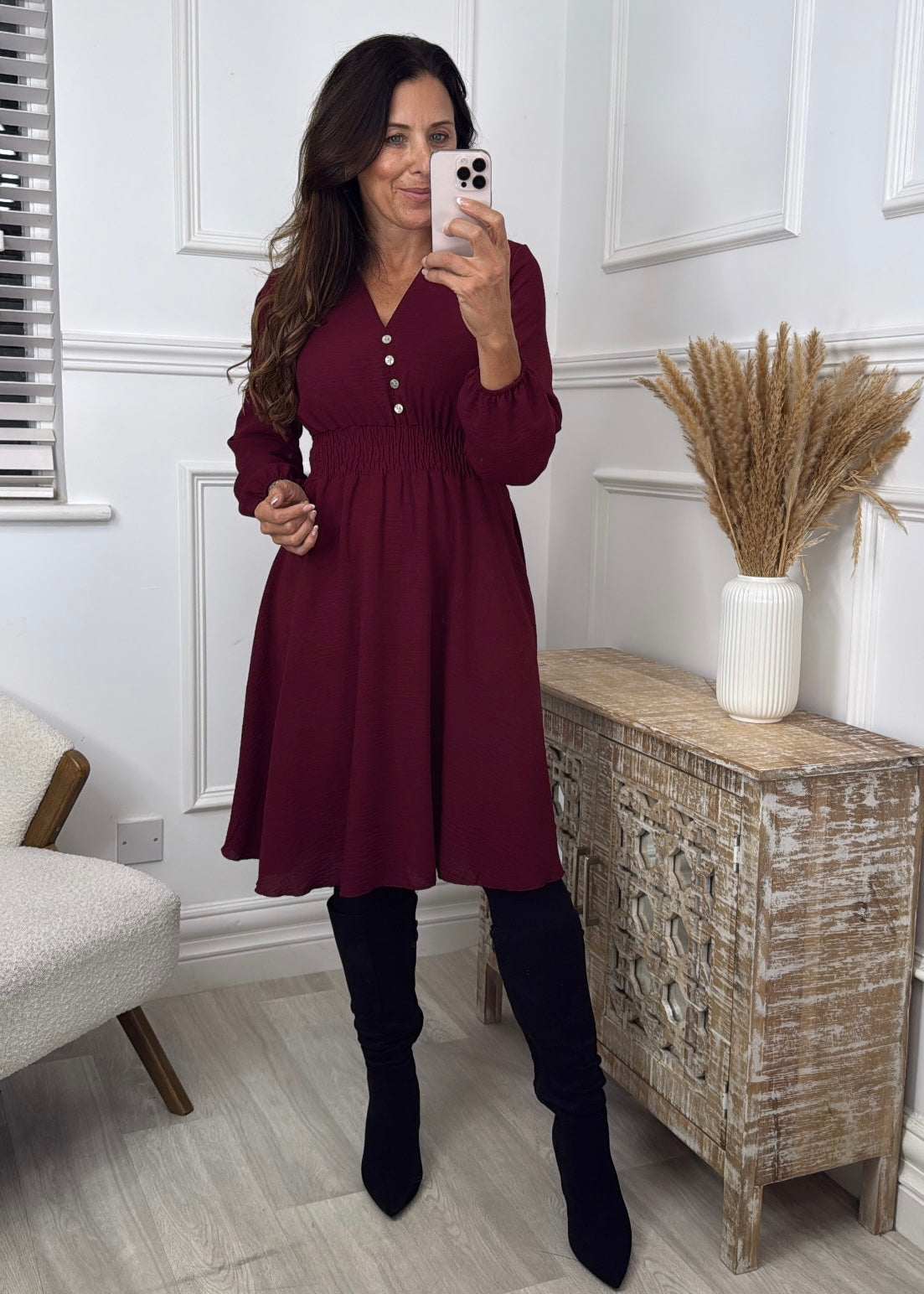 Melinda Wine Shirred Waist Dress
