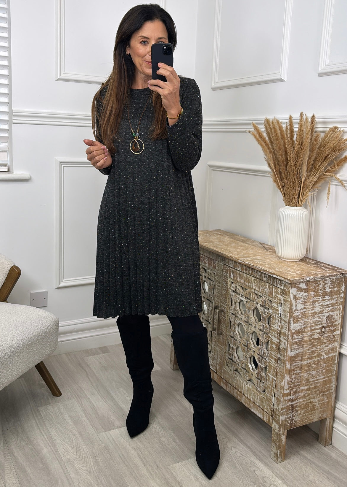 Thomasina Black Pleated Knit Dress