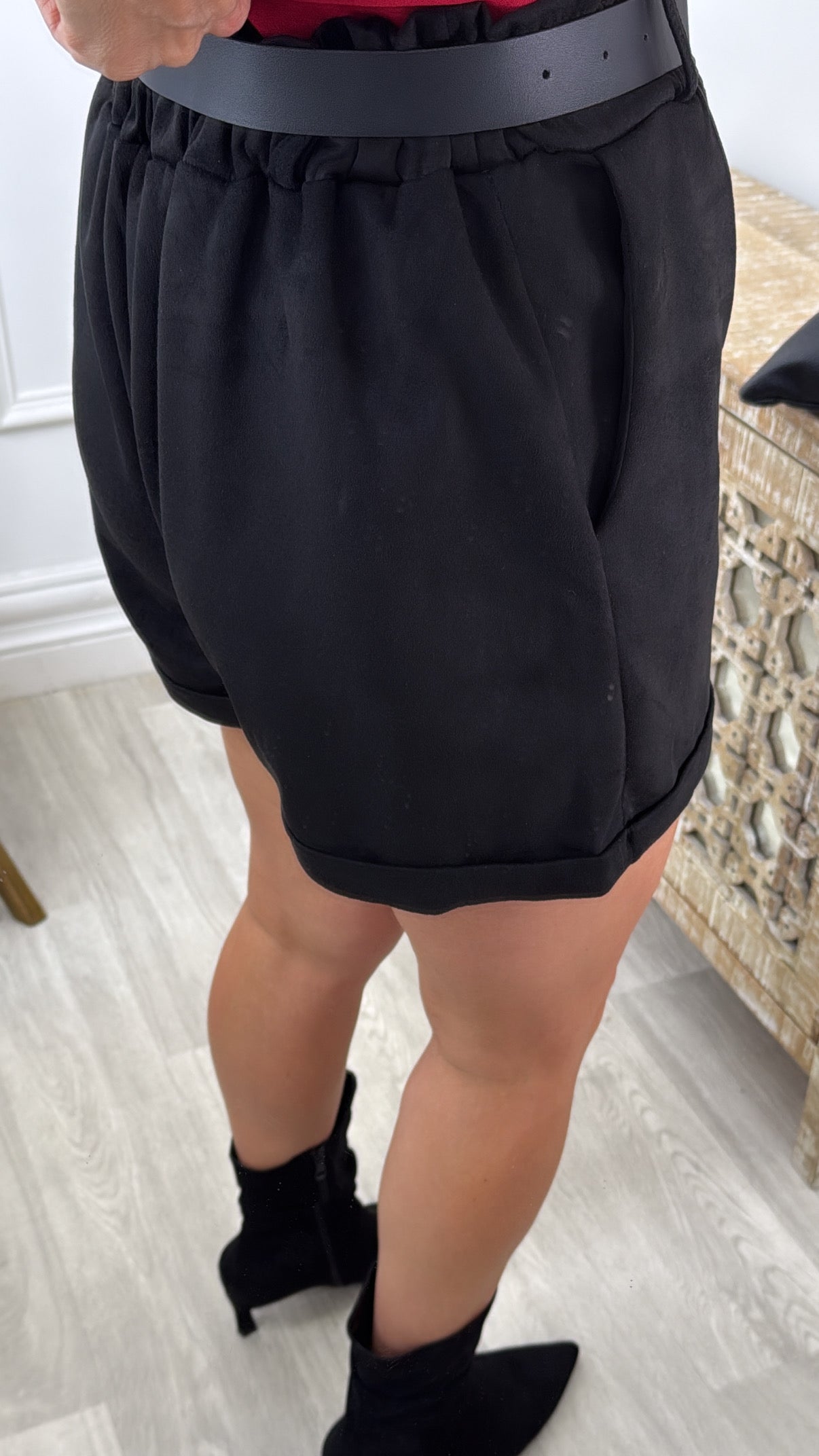 Gracia Black Belted Suedette Shorts