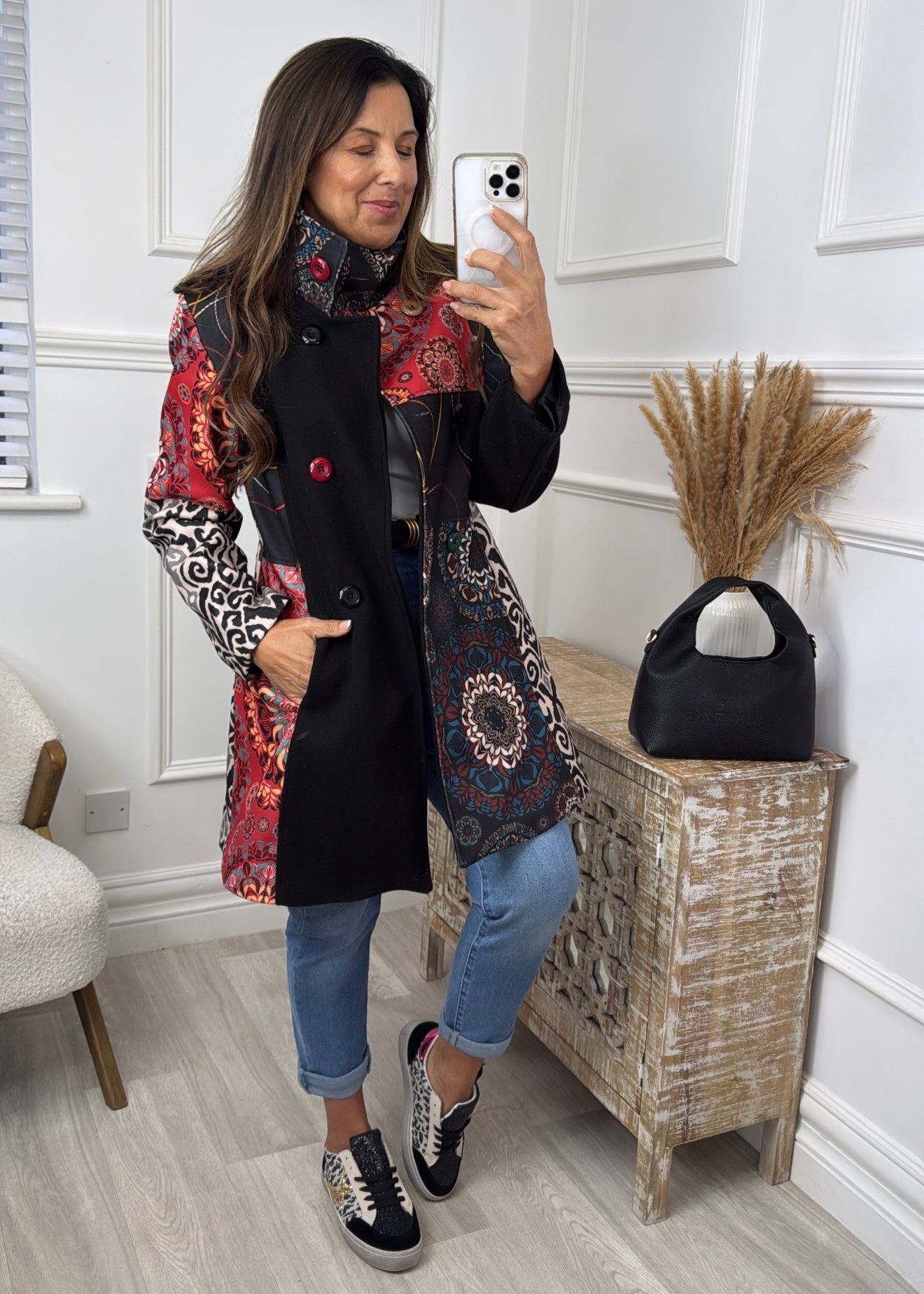 PRE ORDER: Dessy Black Multi Print Coat