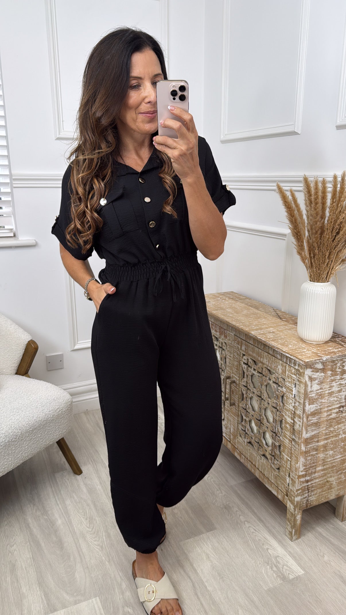 Sibyl Black Shirred Waist Jumpsuit