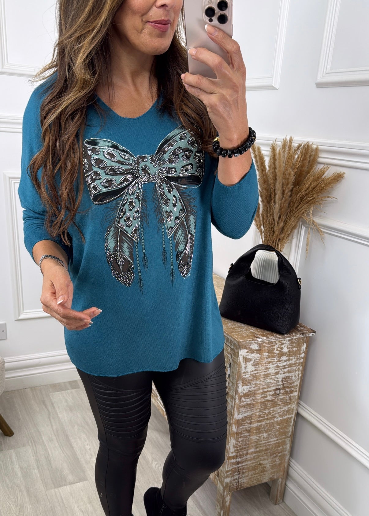 Barbara Teal Leopard Bow Design Knit