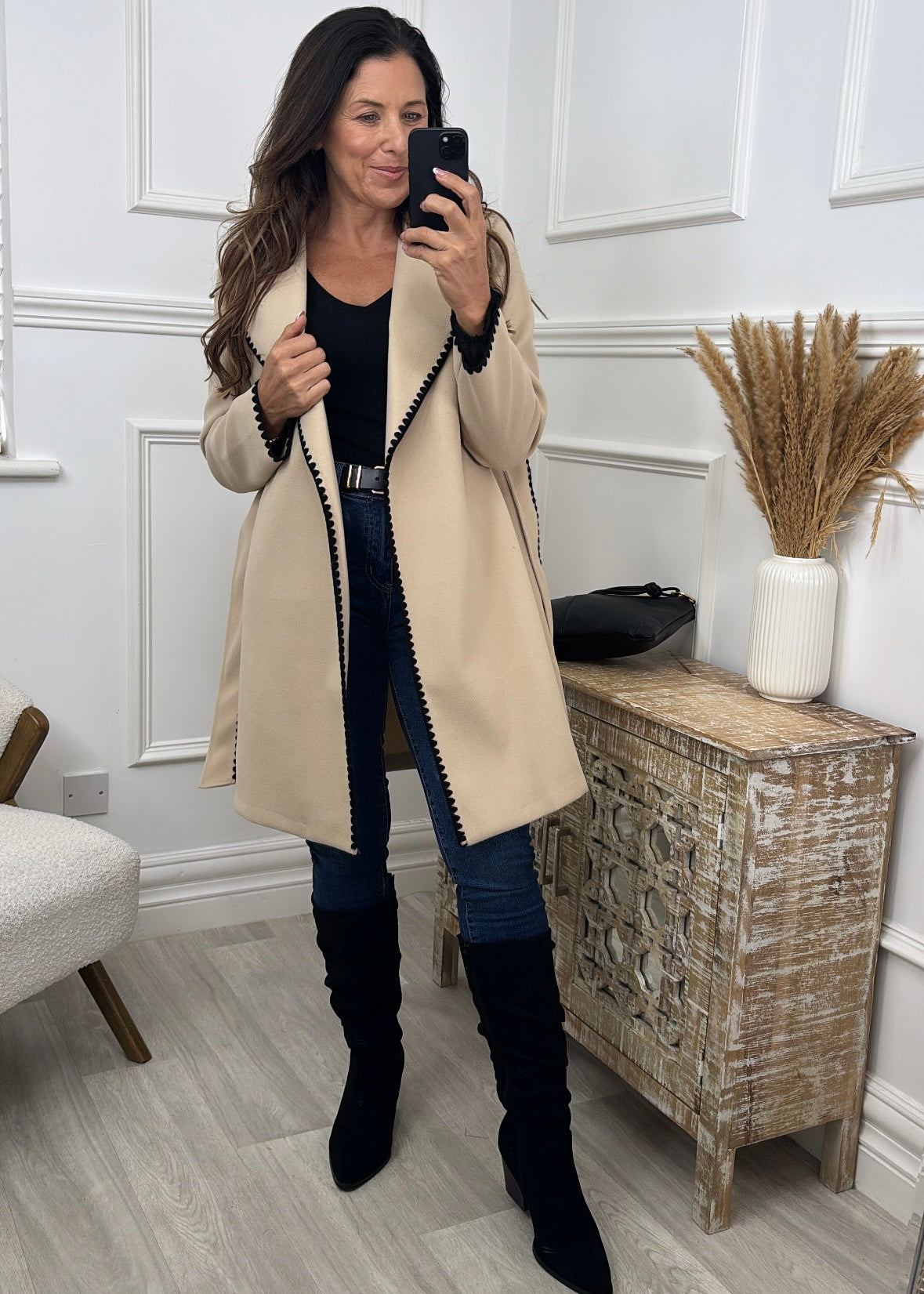 Glasha Cream Crochet Trim Wrap Coat