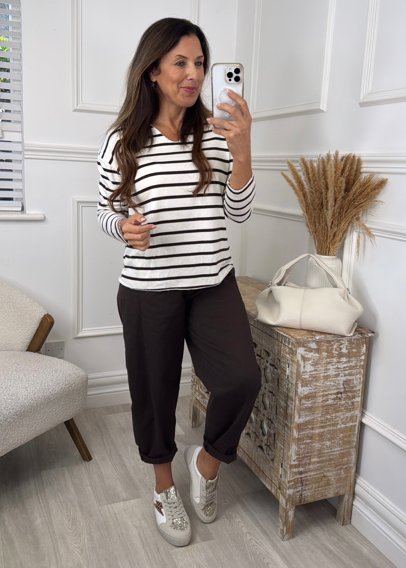 Raya Brown Striped V Neck Top
