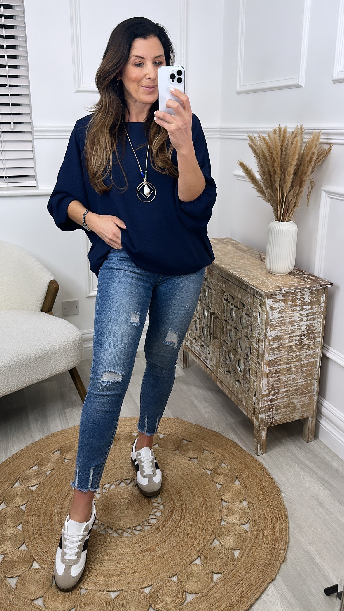 Linda Navy Batwing Top With Necklace