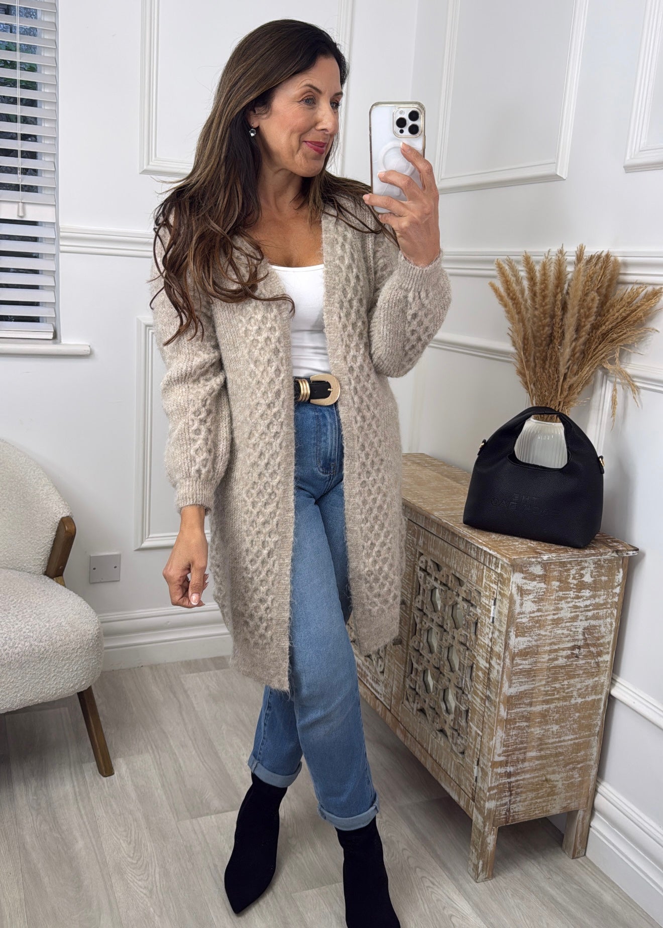 Gemma Beige Textured Knit Cardigan