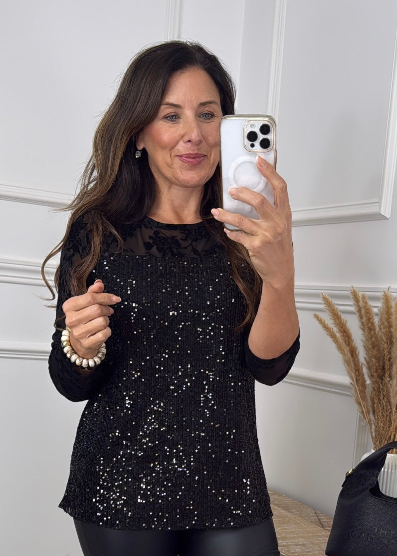 Ayla Black Sequin and Lace Top