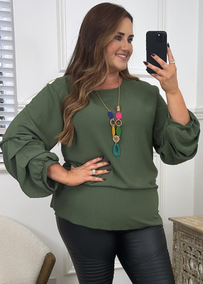 Simone Khaki Ruched Sleeve Top