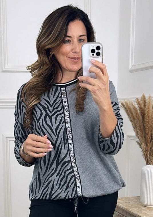 Shonda Charcoal Zebra Print Top