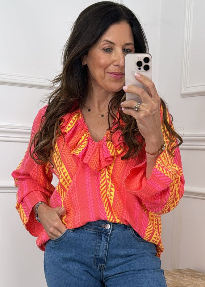 Treasa Pink And Orange Stripe Ruffle Neck Top