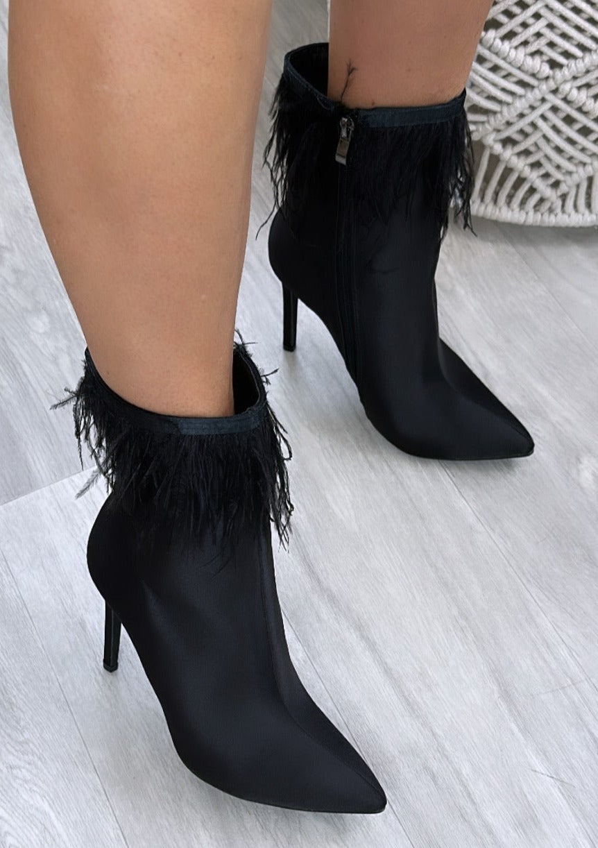 Pamela Black Feather Trim Ankle Boots