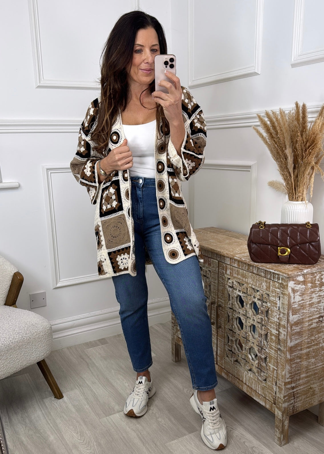 Alana Brown Crochet Knit Longline Cardi
