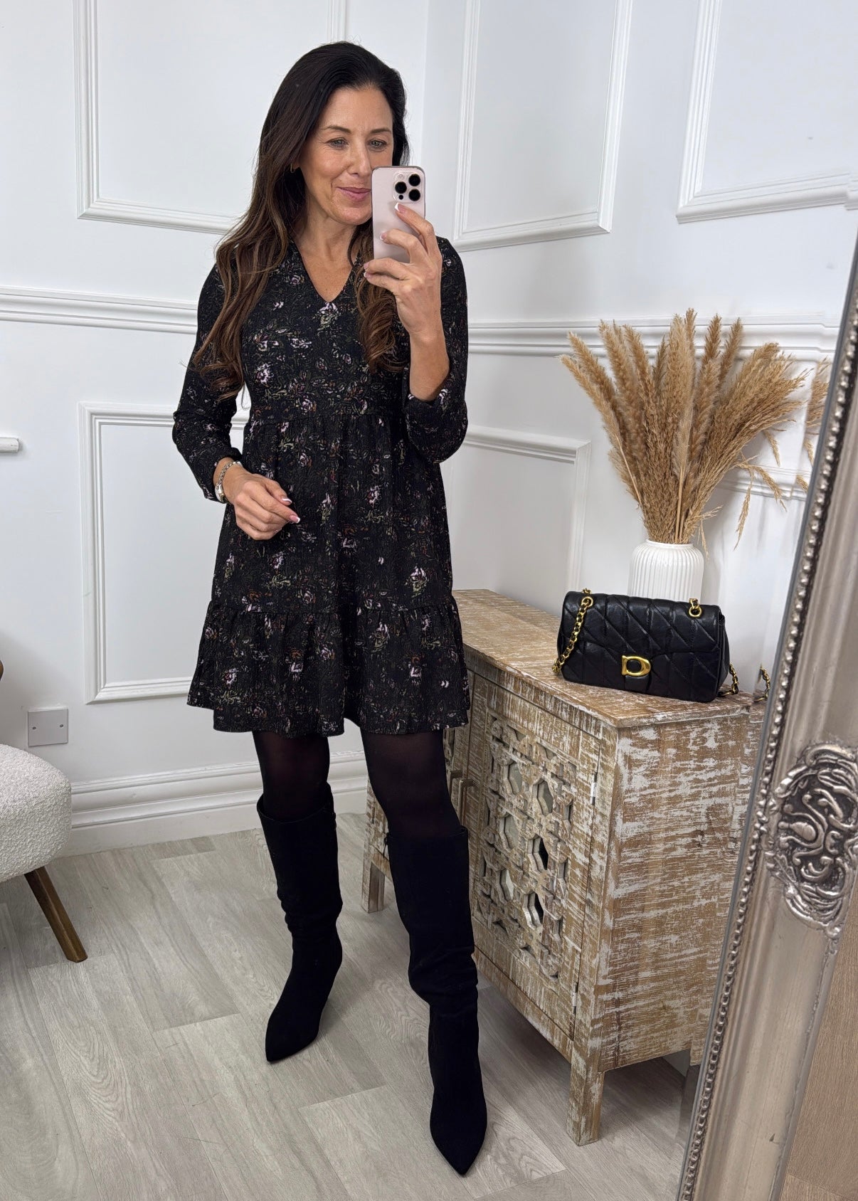 Alba Black Flower Smock Dress