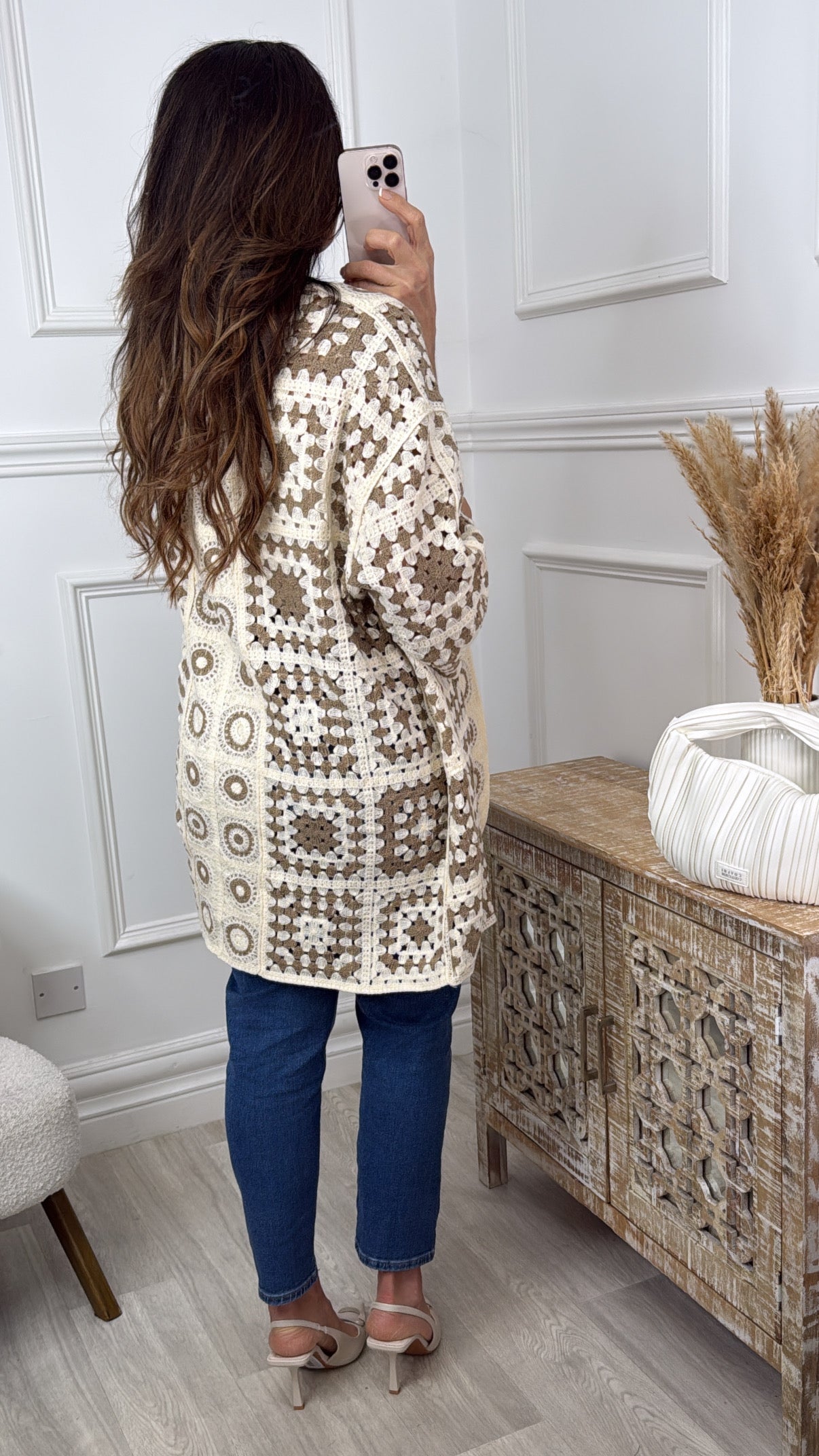 Terri Brown Crochet Knit Longline Cardi