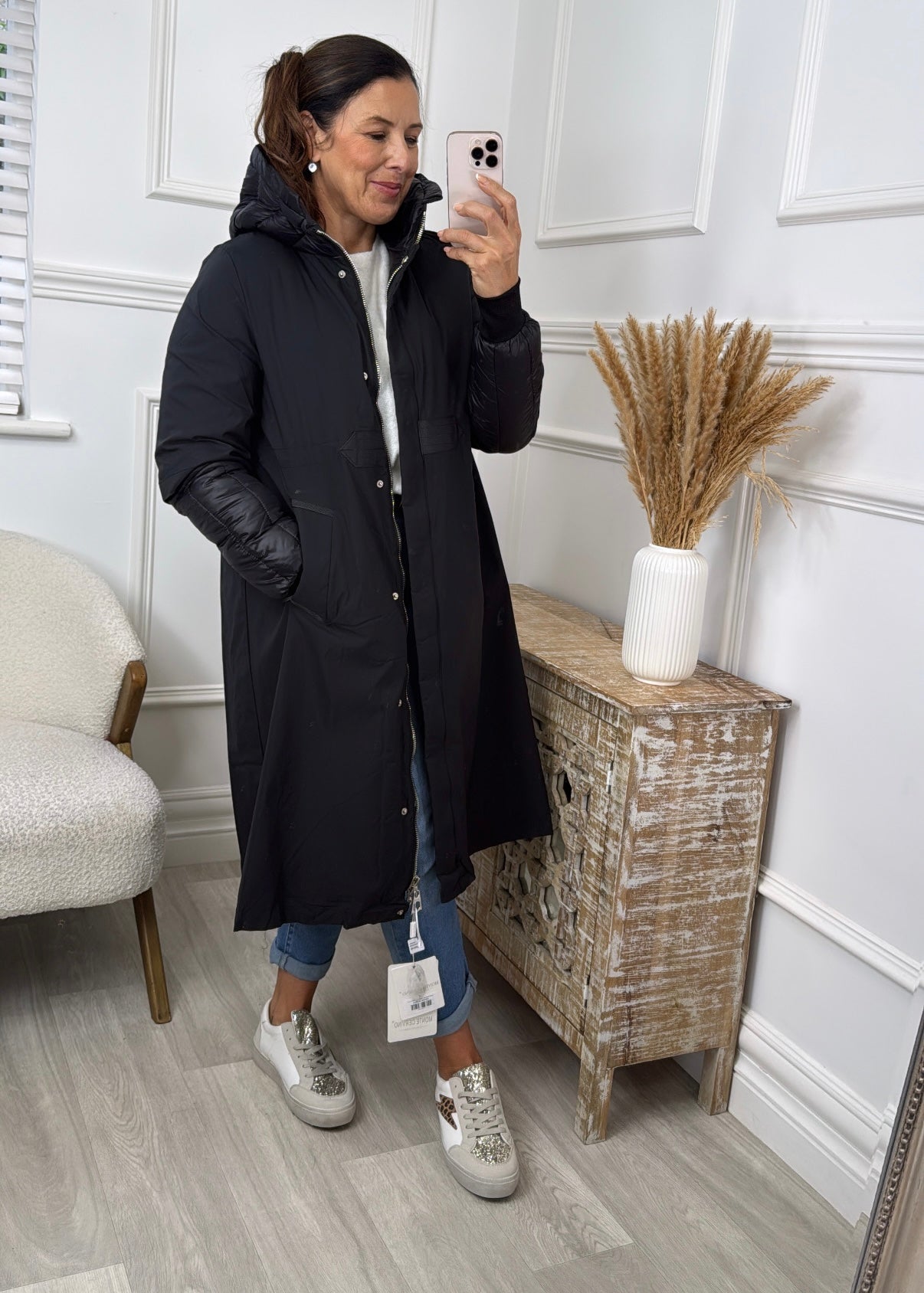 Paloma Black Mid Length Quilted Sleeve Coat
