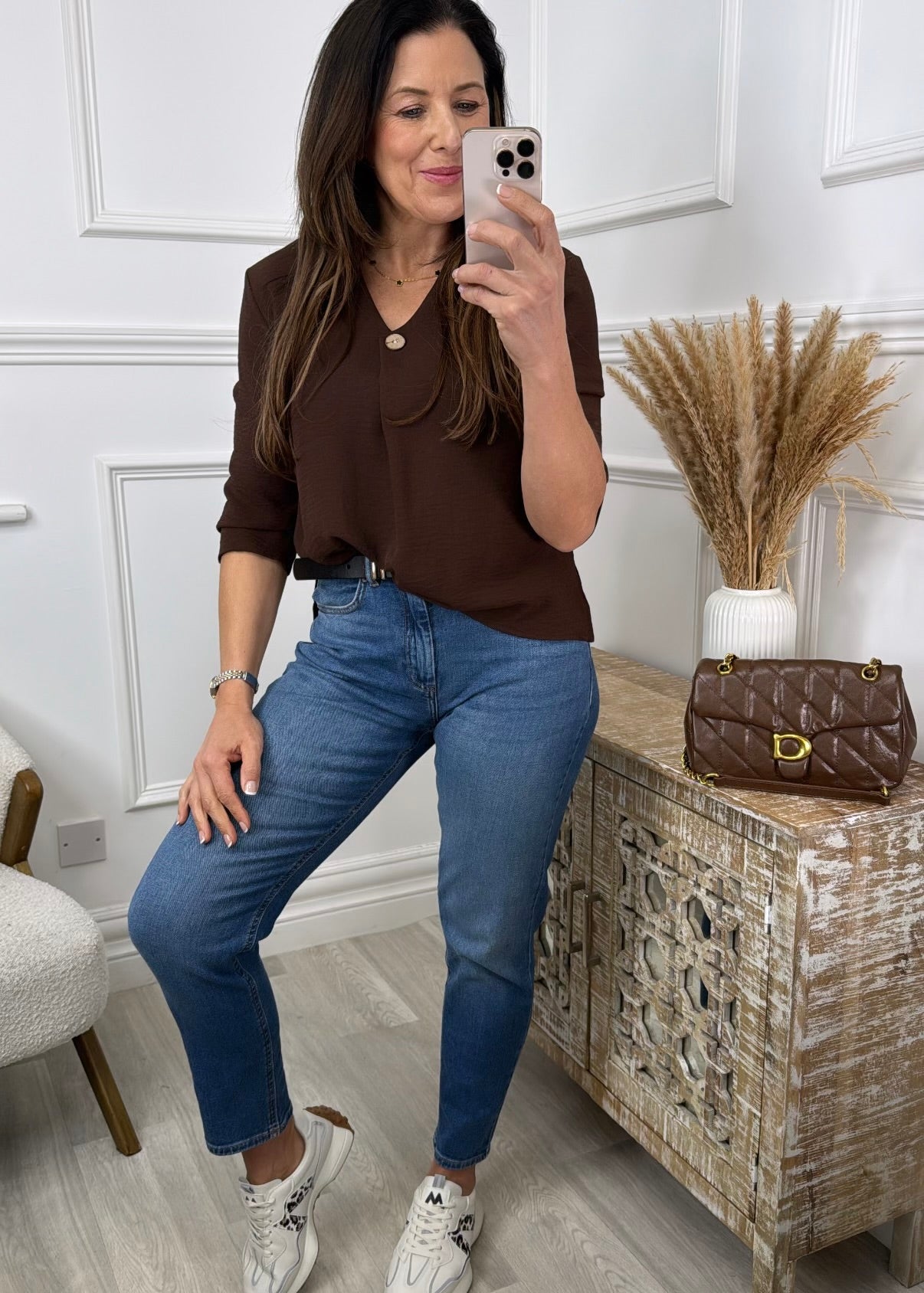 Marygold Brown Button Detail Top