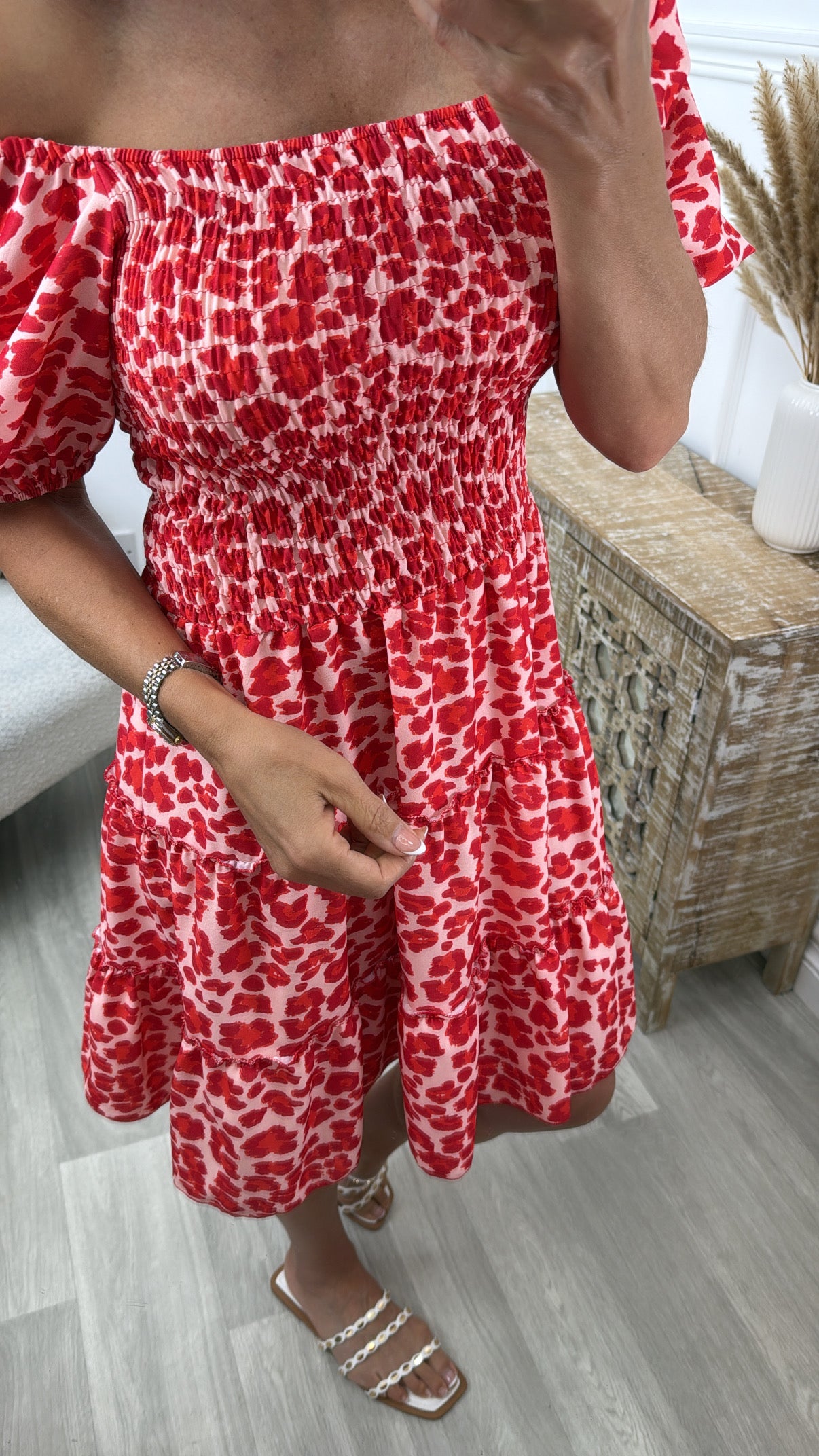 Dakota Red Leopard Shirred Bodice Dress