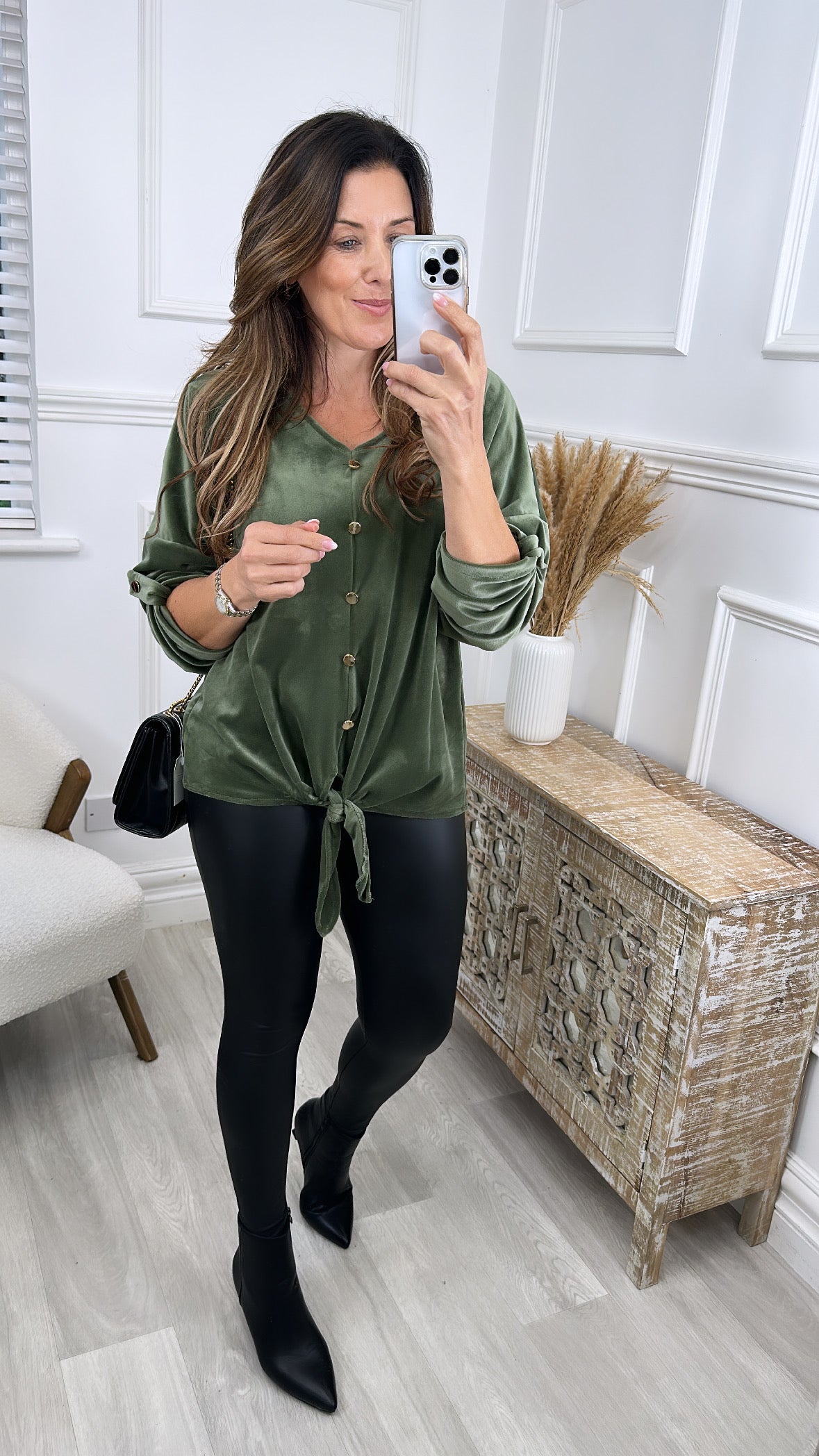 Elicia Khaki Velvet Knotted Top