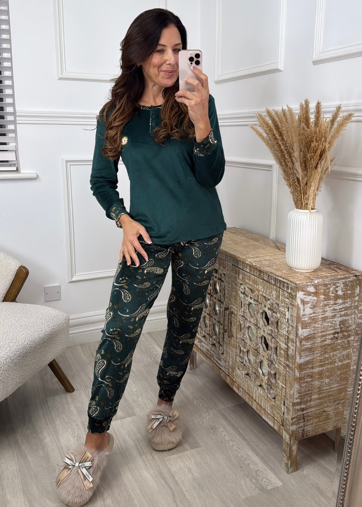 Bristol Green Paisley Print Velour Pajama