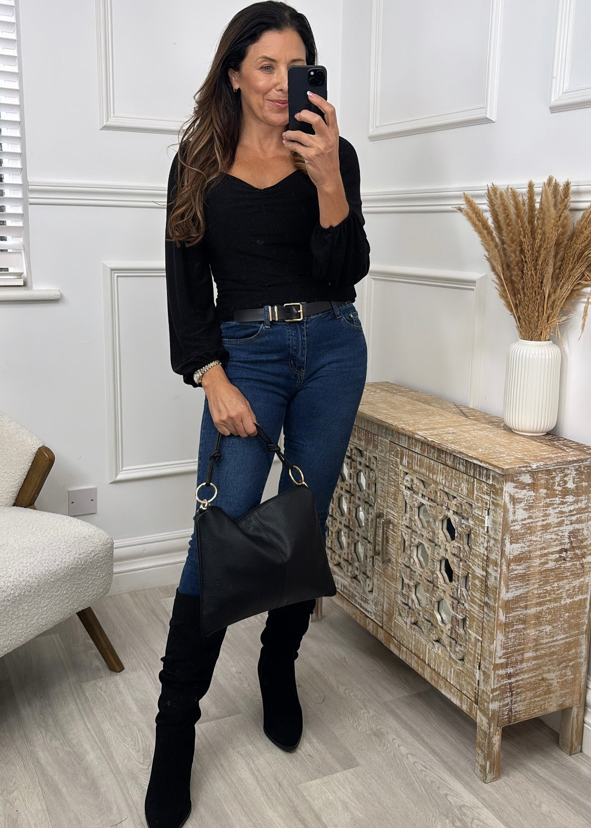 Theodora Black Sweetheart Neck Top