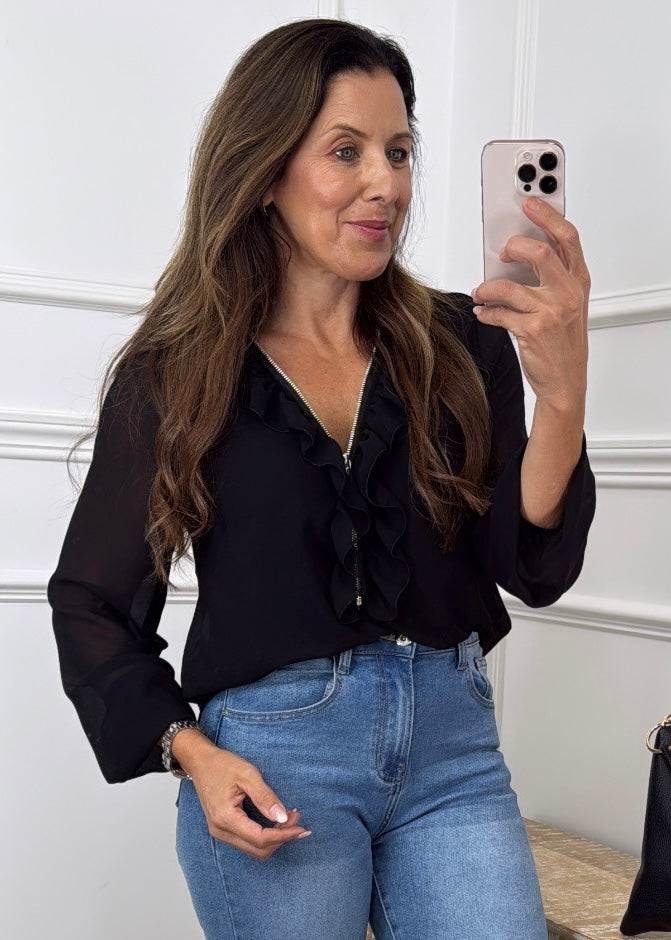 Lenora Black Ruffle and Zip Neck Top
