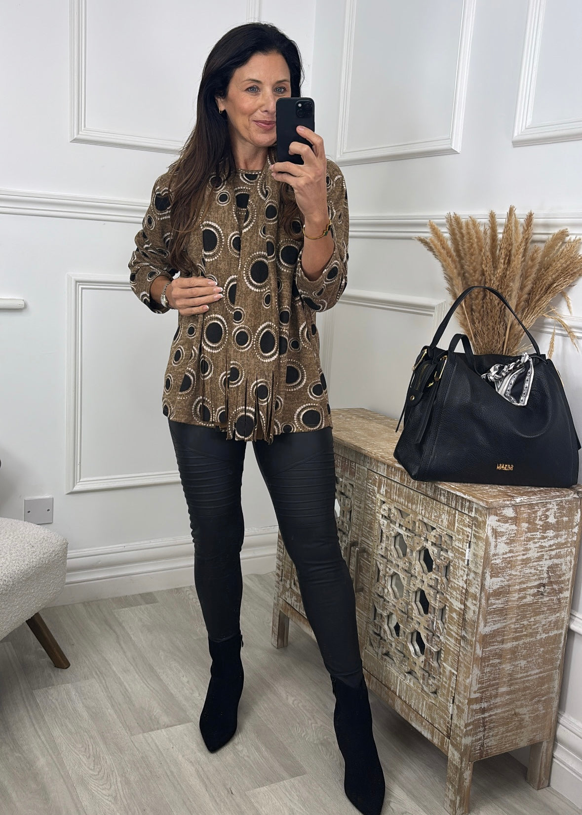 Jane Camel Circle Print Top with Scarf