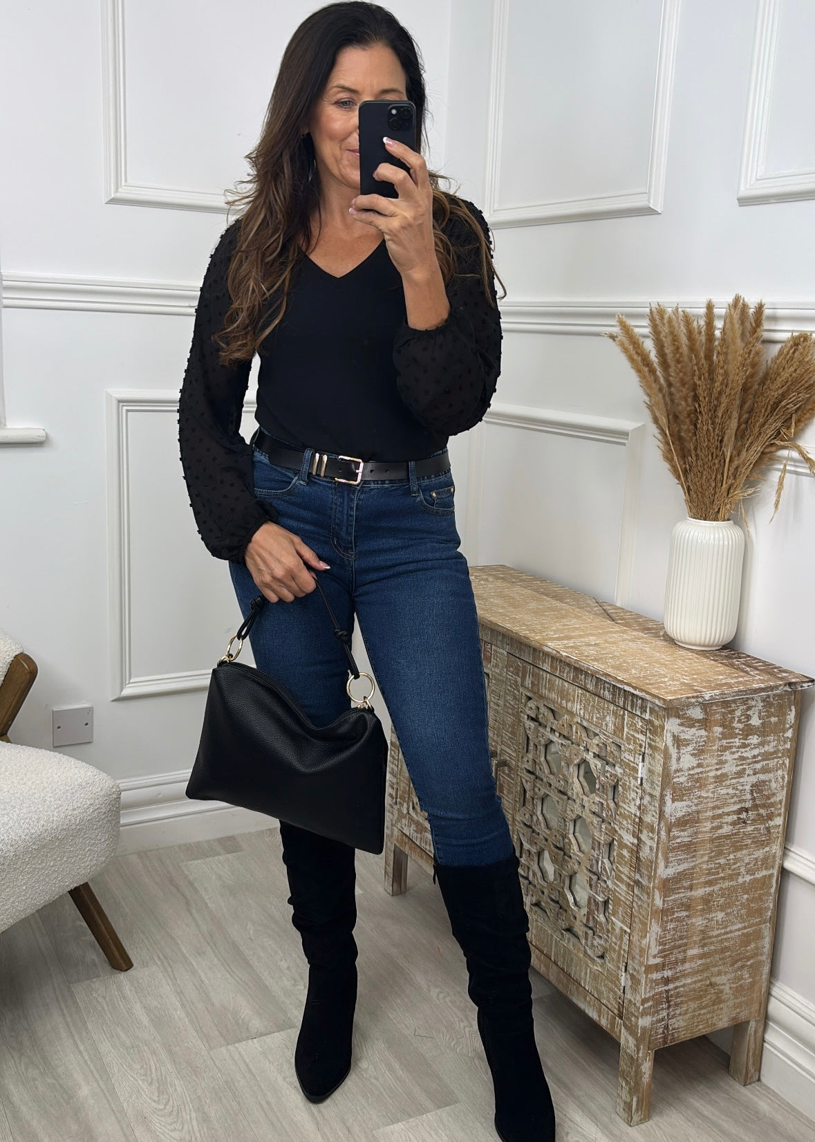 Marlie Black Swiss Dot Sleeve Blouse