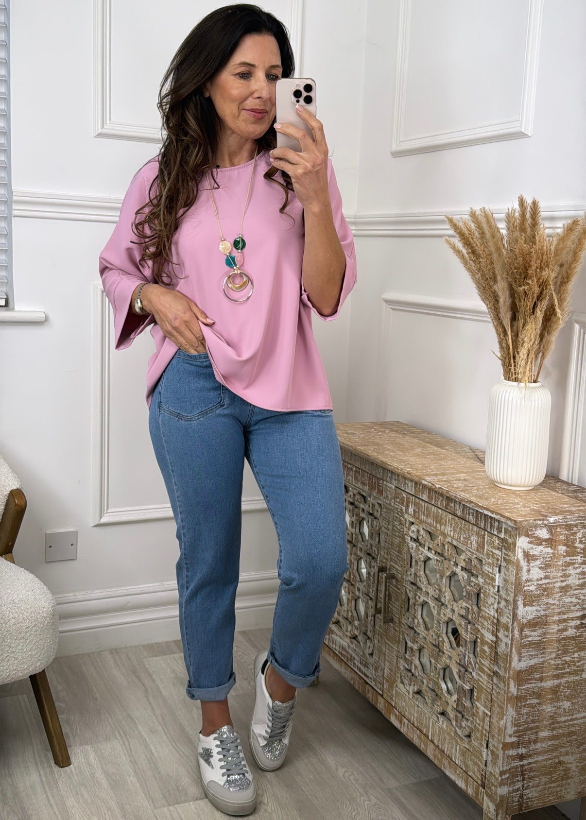 Brenna Dusty Pink Flowing Blouse With Necklace