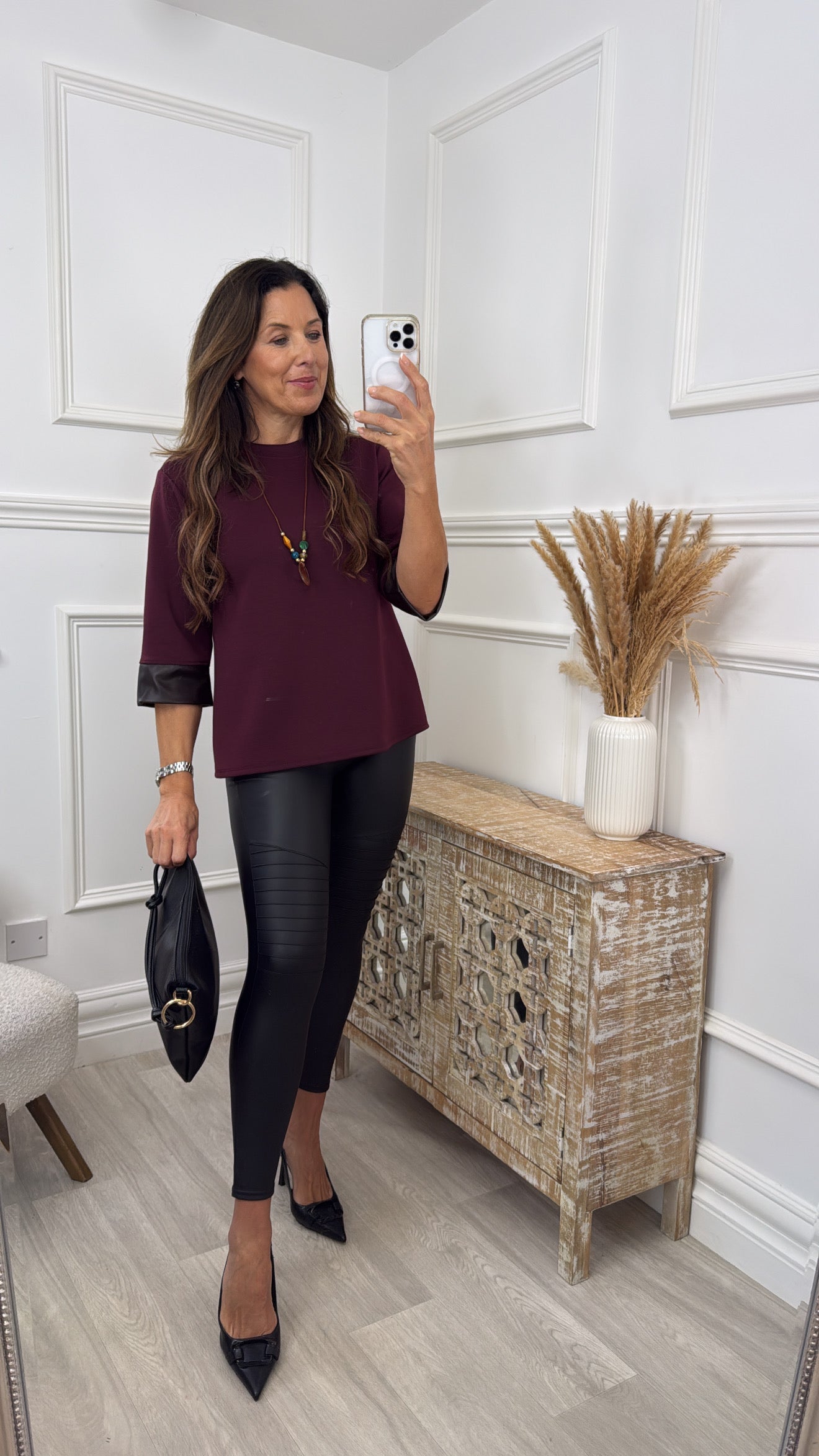 Lillian Wine Pleather Cuff Top with Necklace
