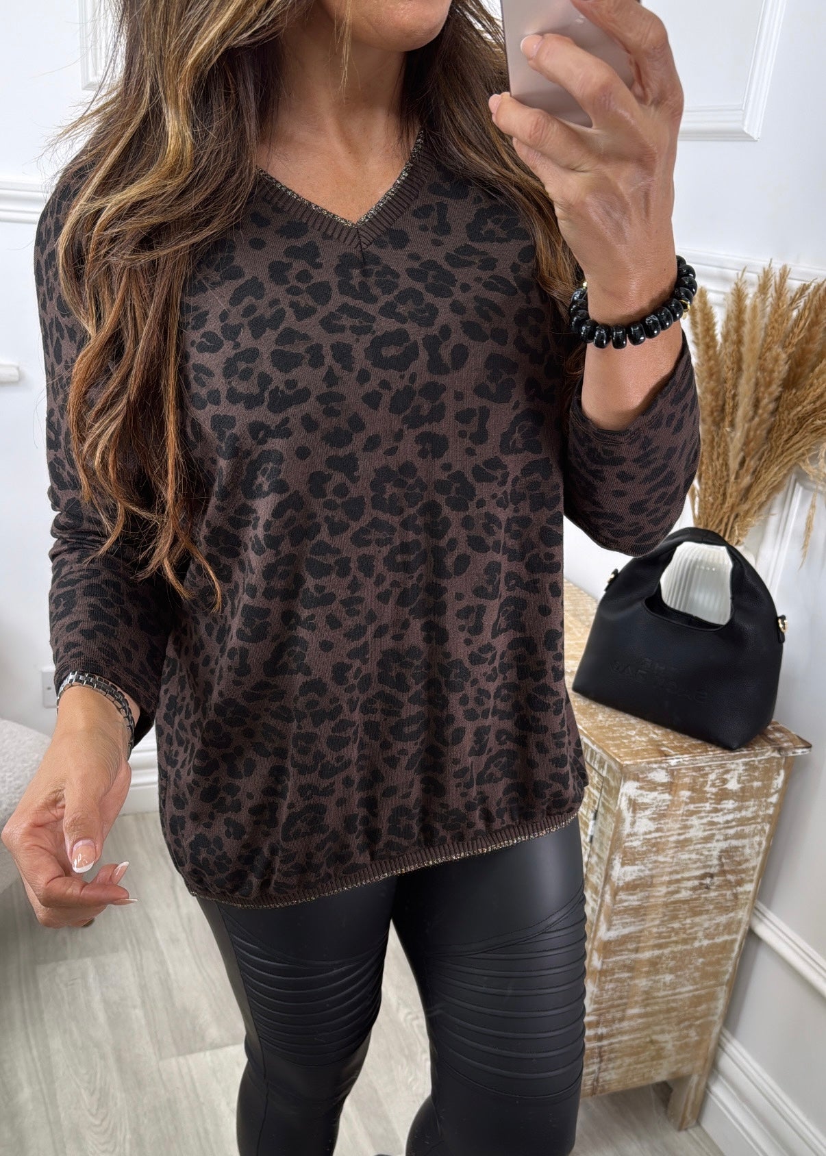 Maureen Brown Leopard V Neck Knit Top
