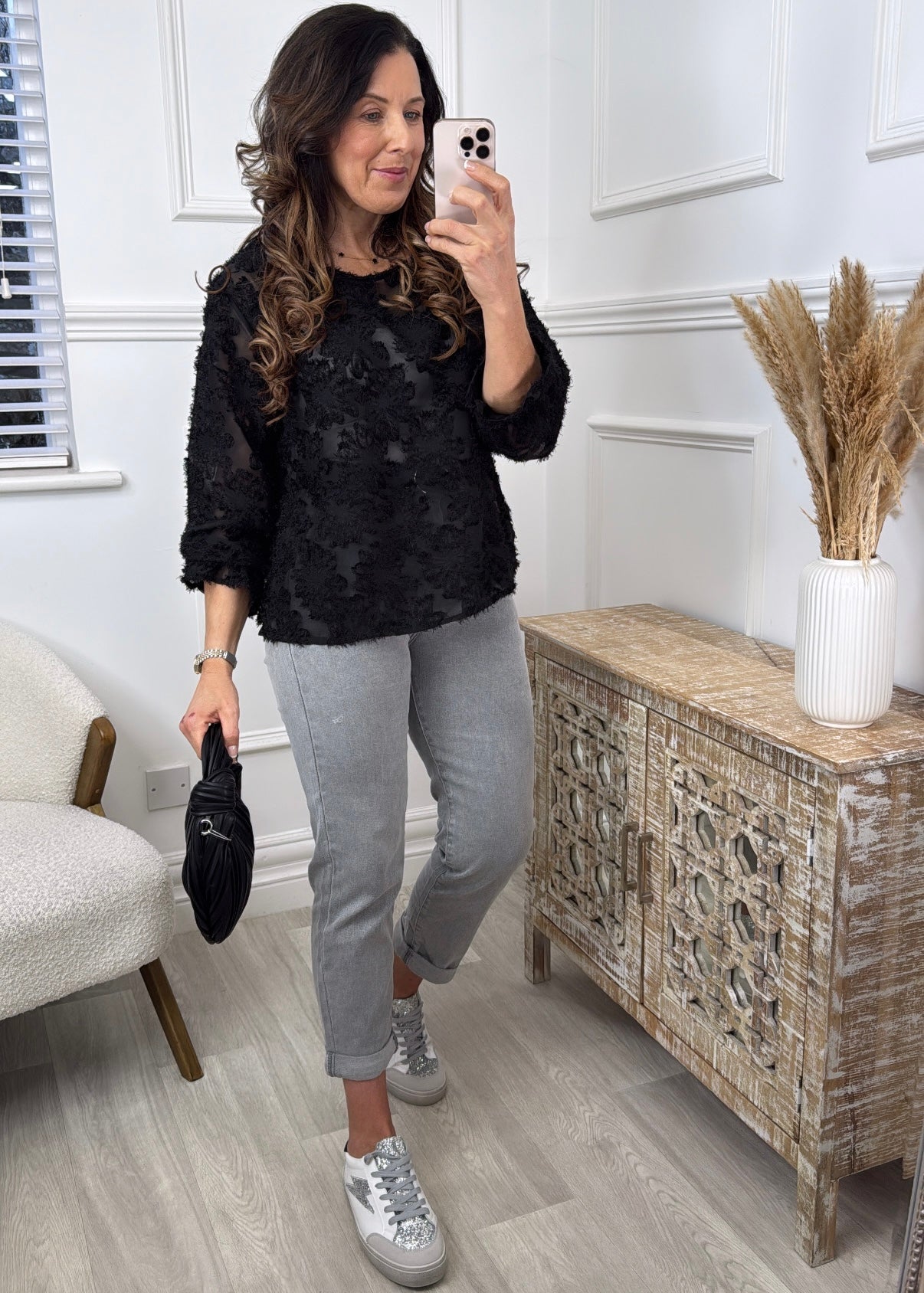 Stef Black Floral Eyelash Texture Top
