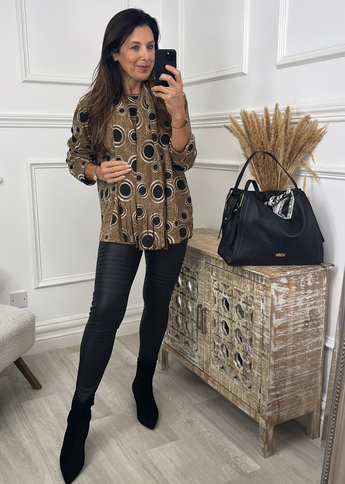 Jane Camel Circle Print Top with Scarf