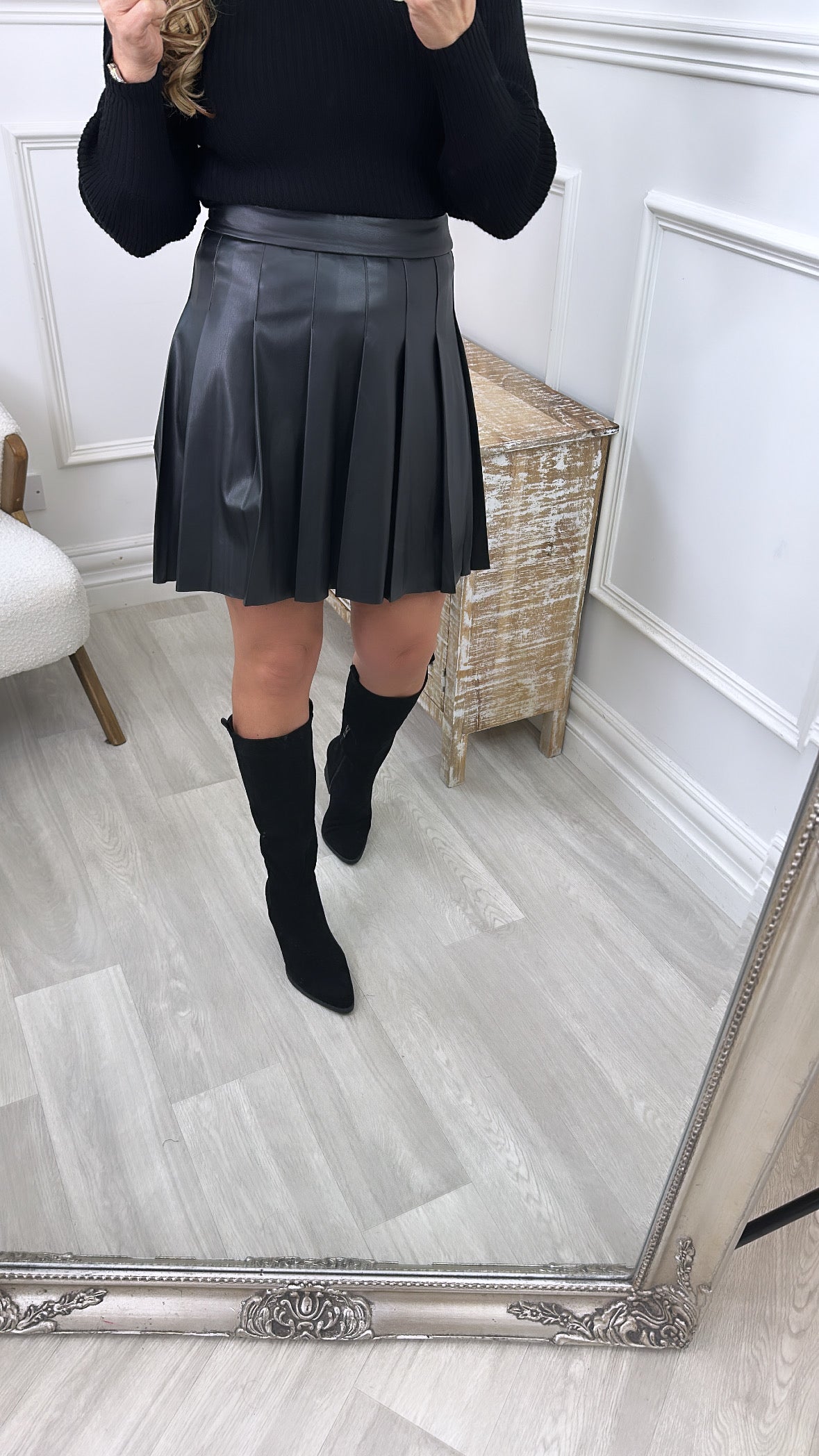 Naomi Black Faux Leather Pleated Skirt