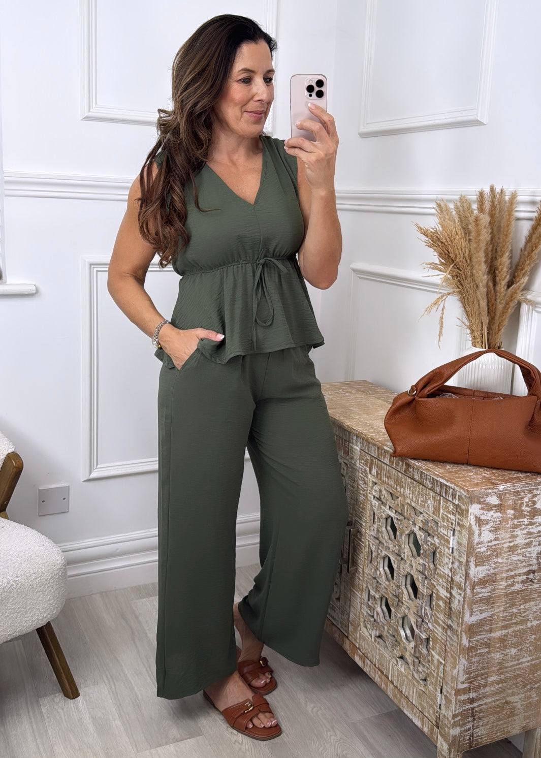 Melanie Khaki V Neck Set