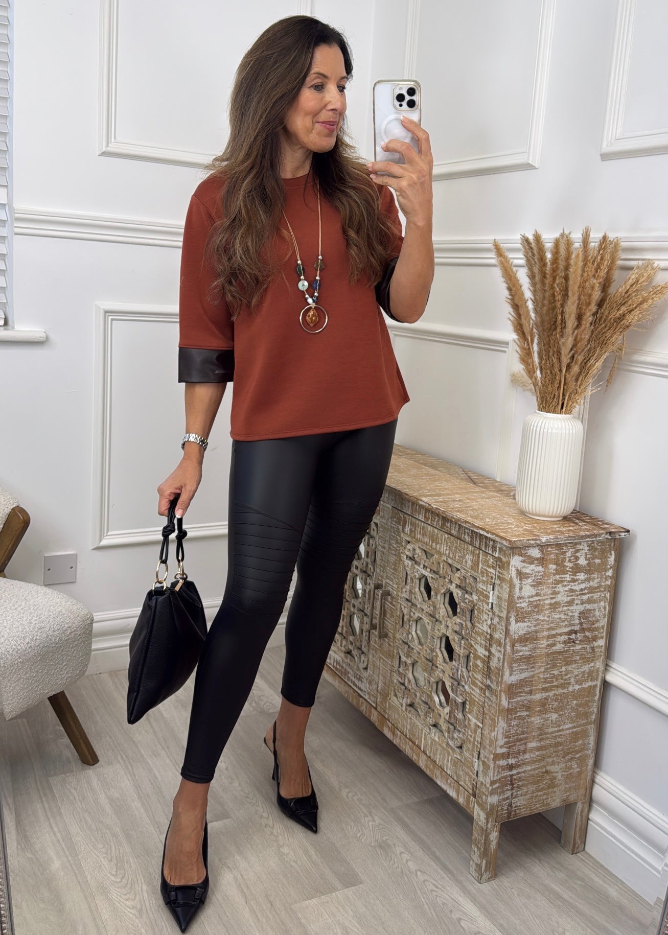 Lillian Terracotta Pleather Cuff Top With Necklace