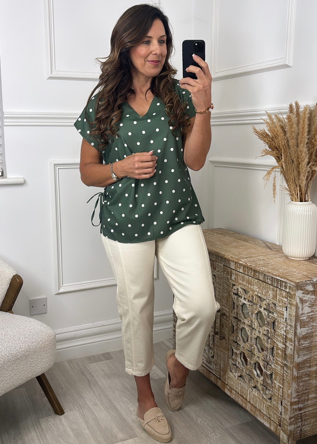 Elly Khaki Polka Dot Blouse