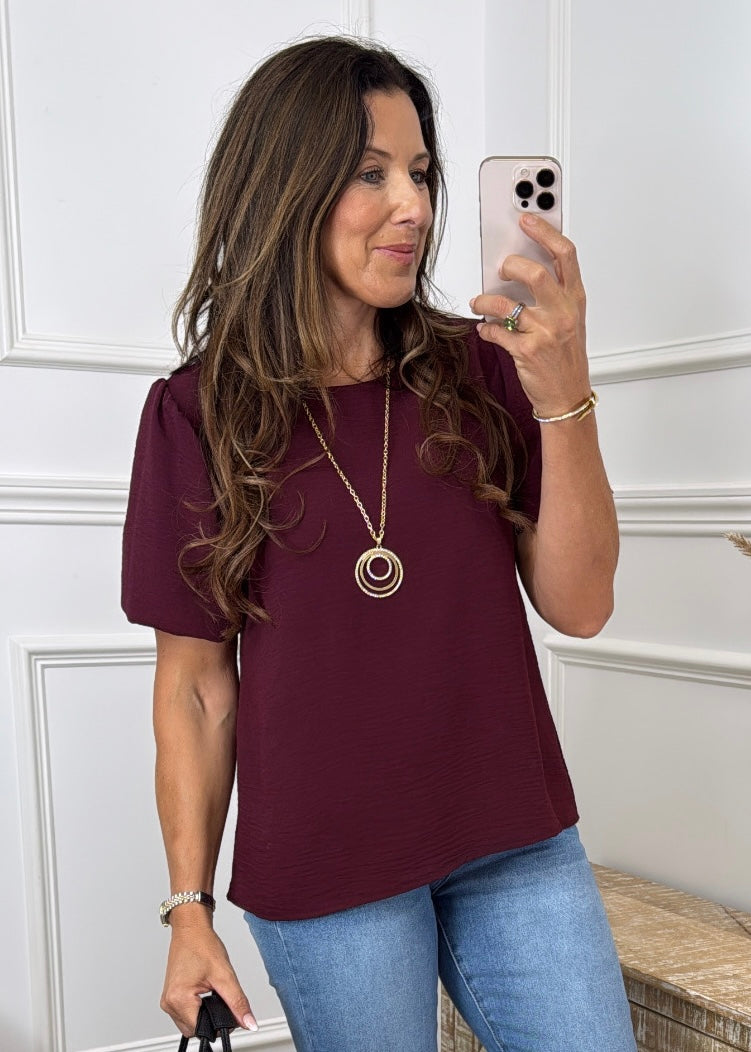 Shelly Wine Balloon Sleeve Top with Necklace