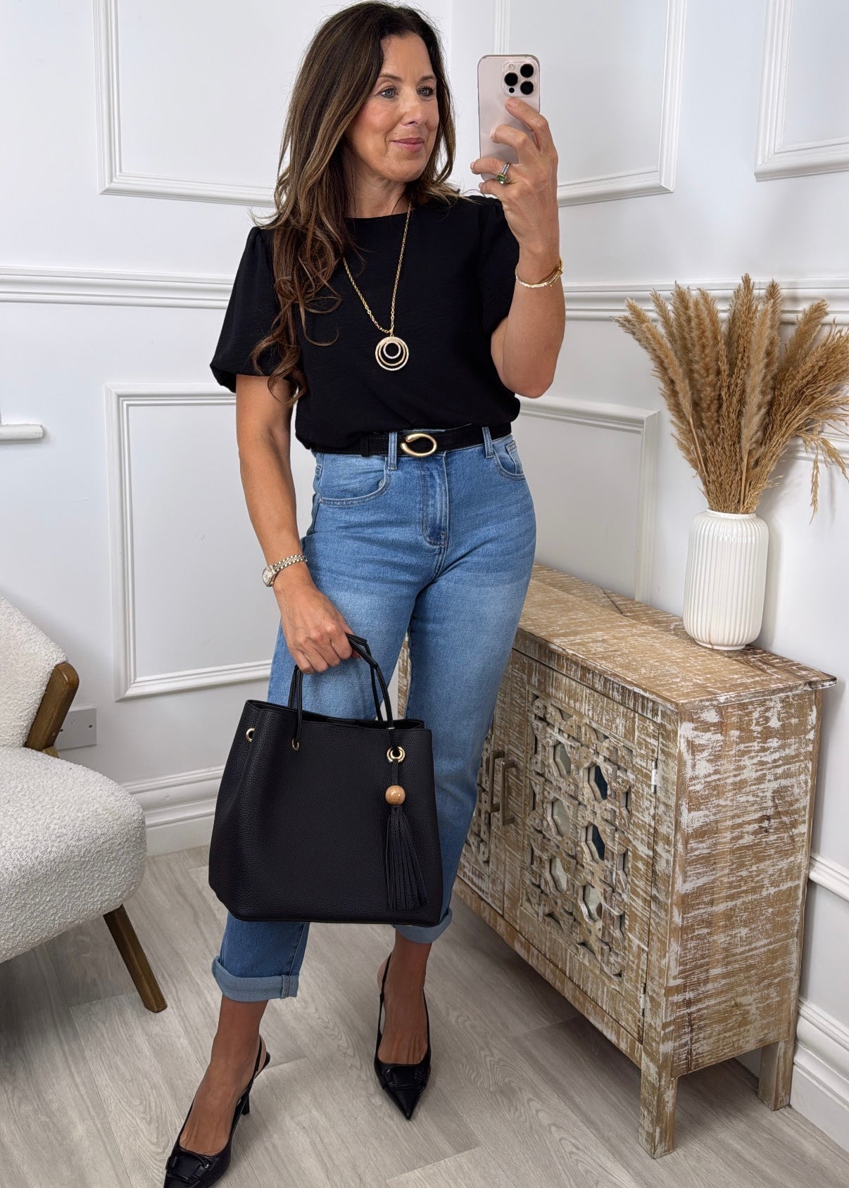 🖤Pre Order🖤 Shelly Black Balloon Sleeve Top with Necklace