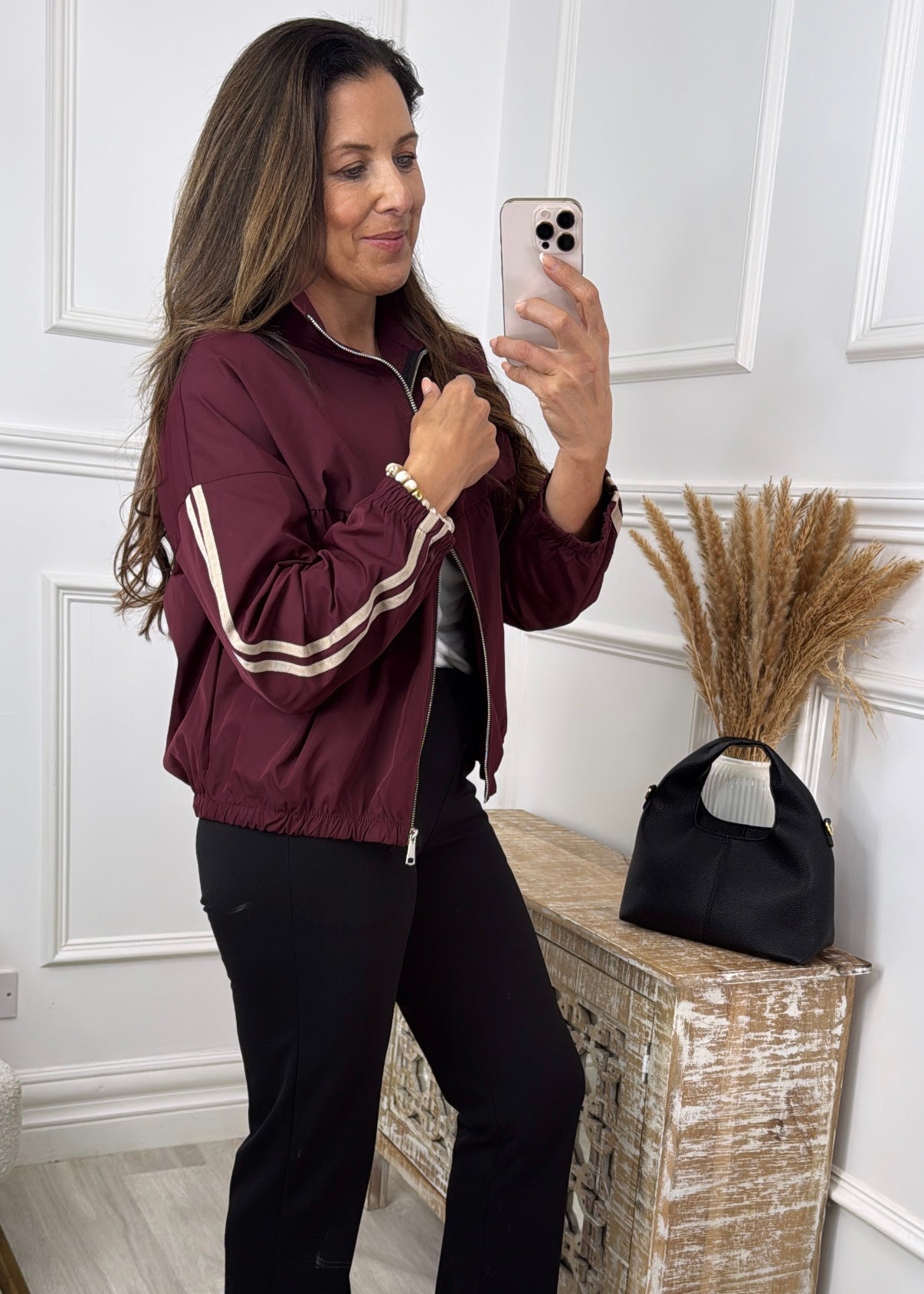 Aine Wine High Neck Striped Sleeve Jacket