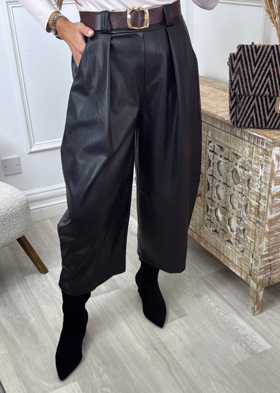 Alayne Black Belted PU Leather Pants