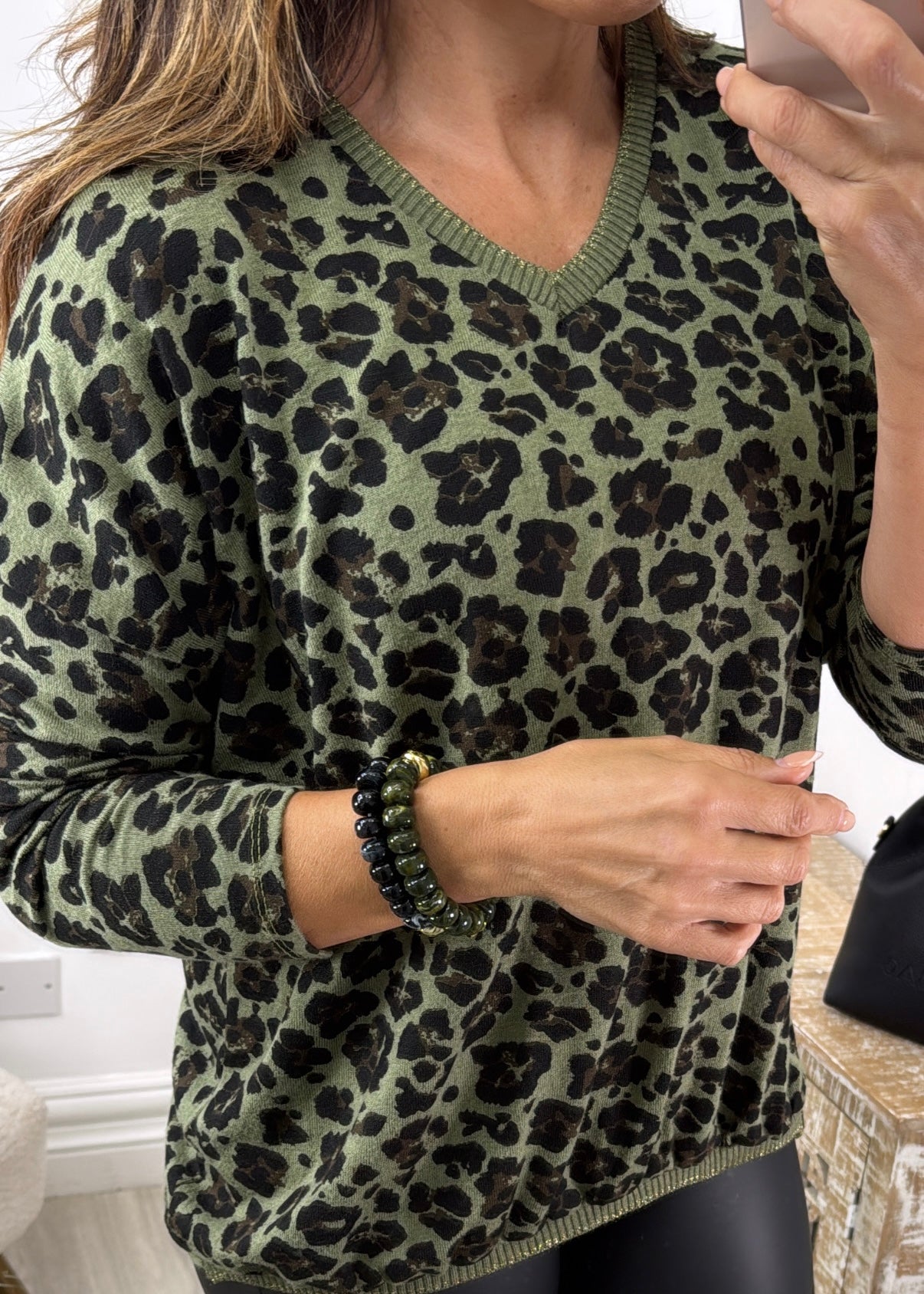 Maureen Khaki Leopard V Neck Knit Top