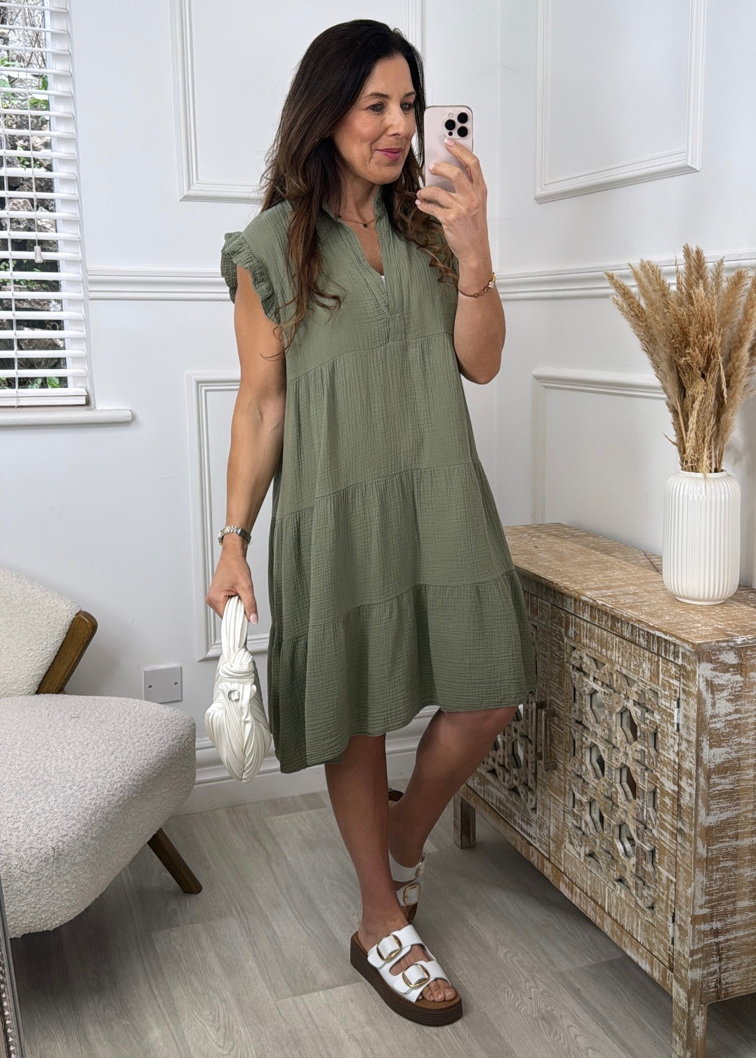 Lena Khaki Tiered Midi Dress