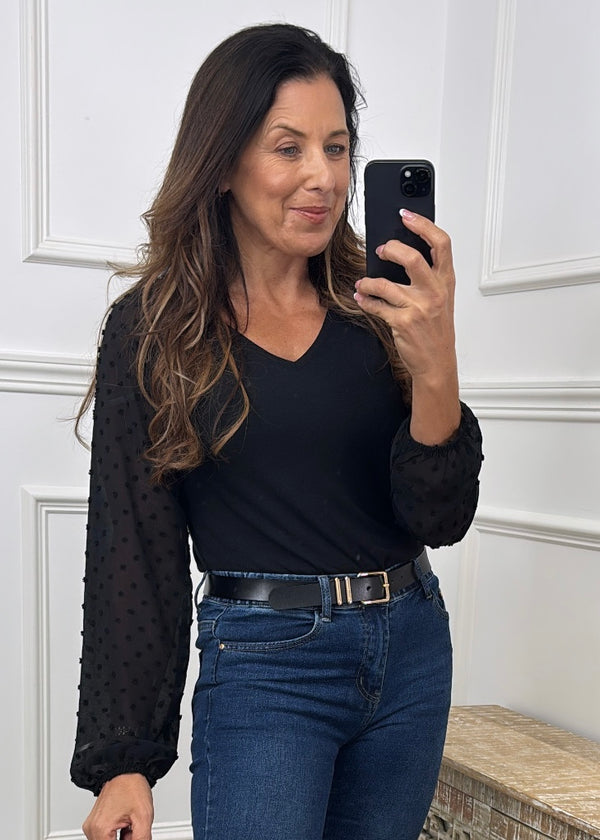 Marlie Black Swiss Dot Sleeve Blouse