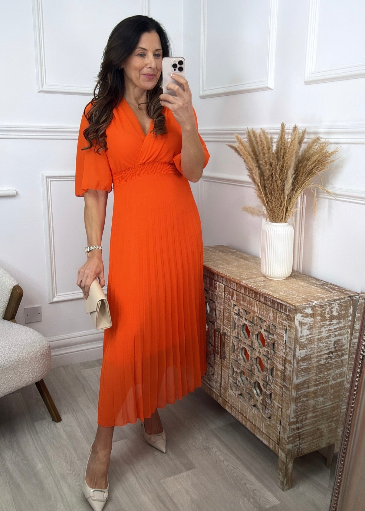 Annabeth Orange Coral Pleated Wrap Dress