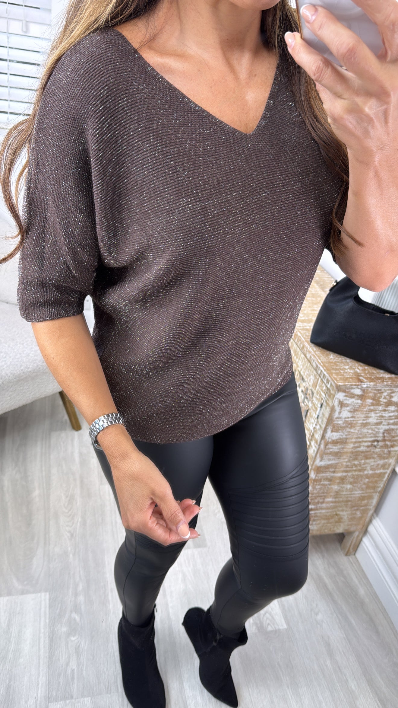 Nova Brown V Neck Glitter Top