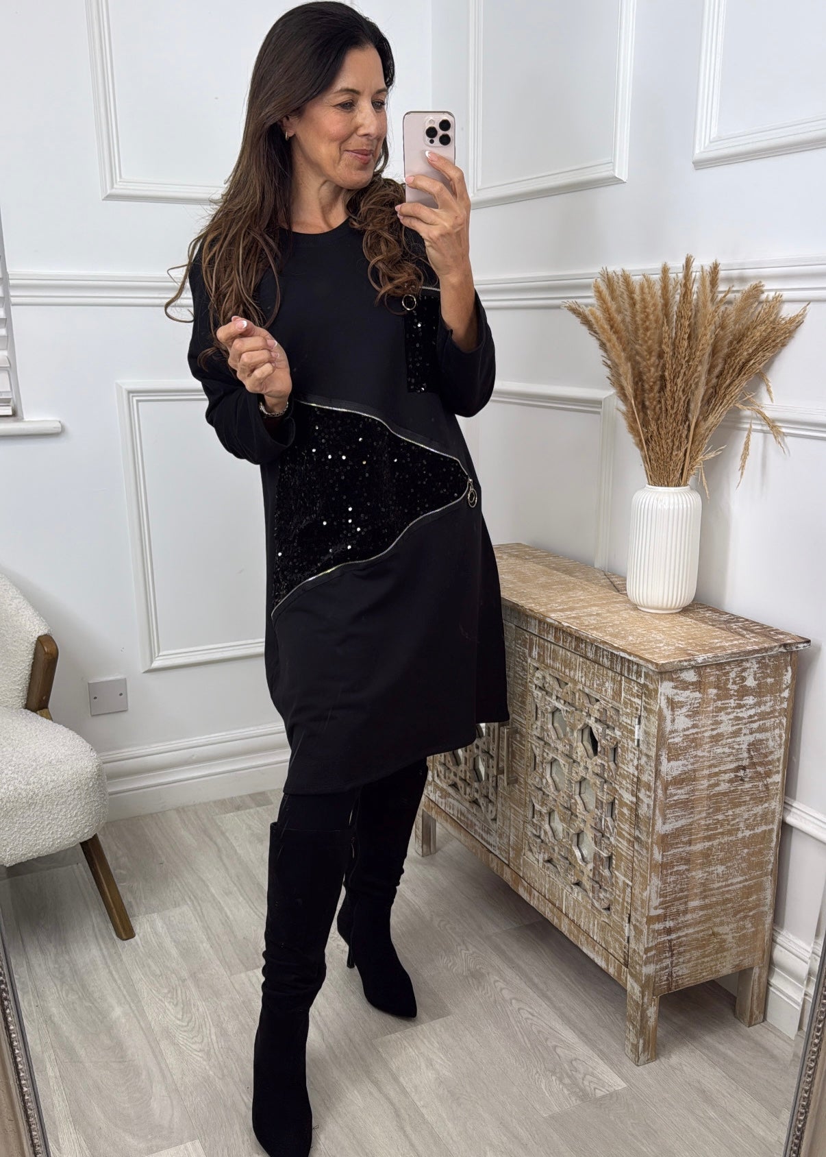 Zoya Black Asymmetric Sequin Inserts Tunic