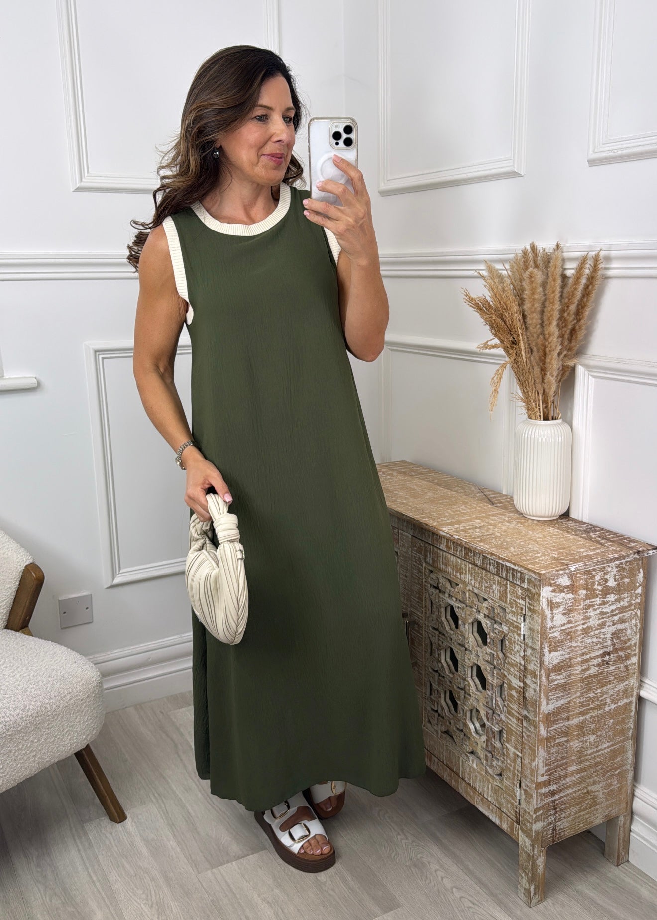 Dion Khaki Dress With Cream Trim