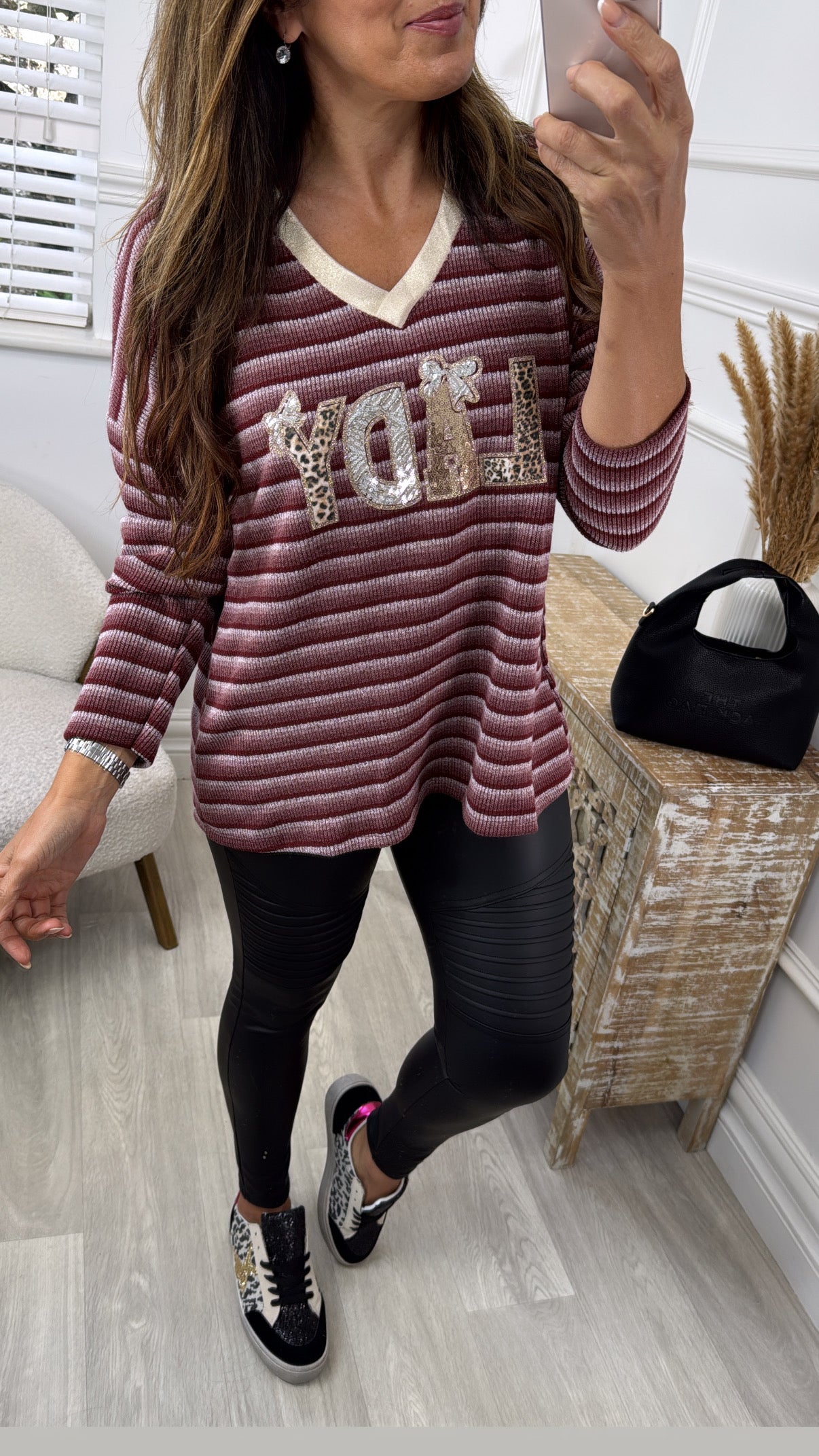 Violetta Wine Striped V Neck Top