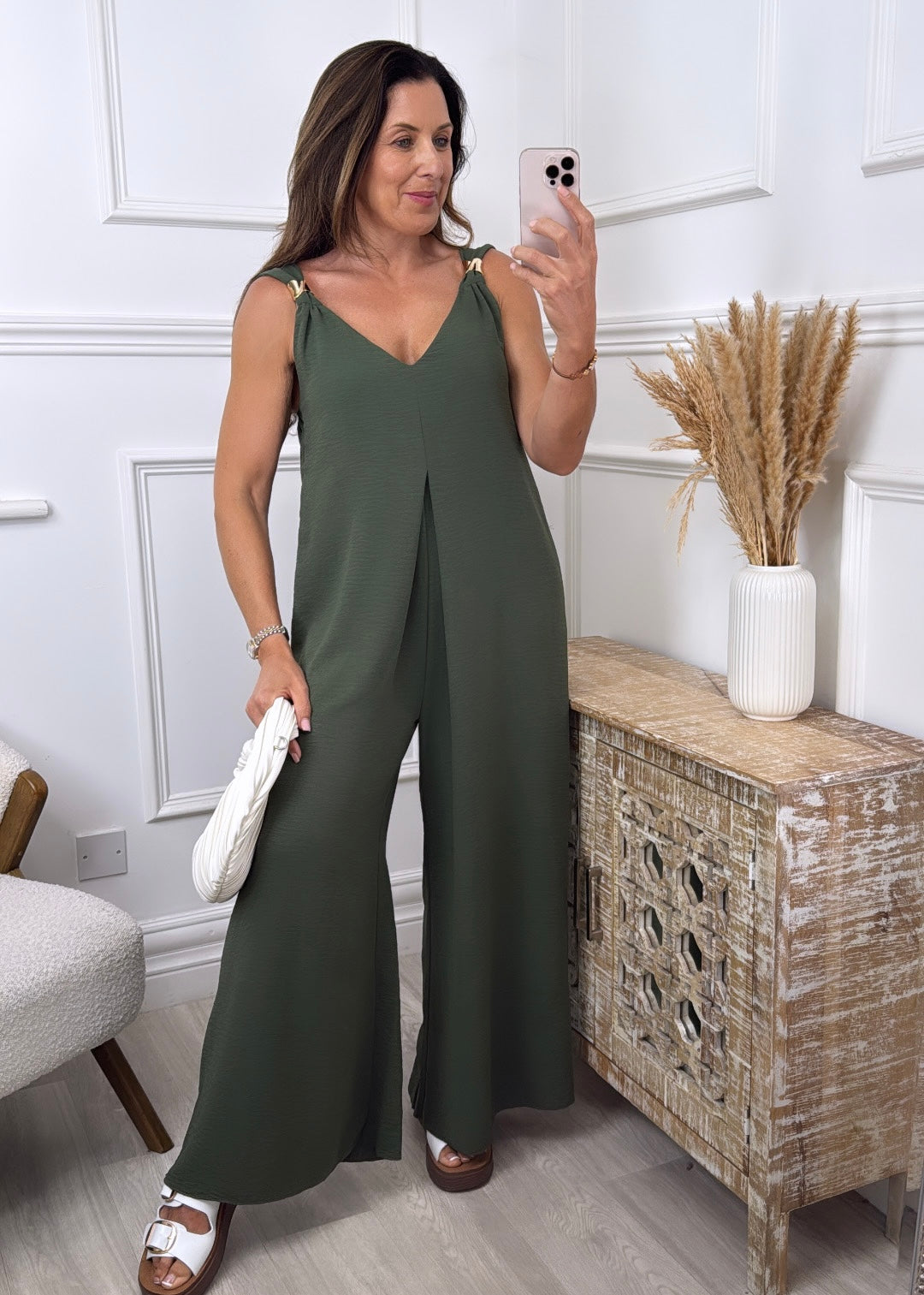 Gina Khaki Gold Shoulder Jumpsuit